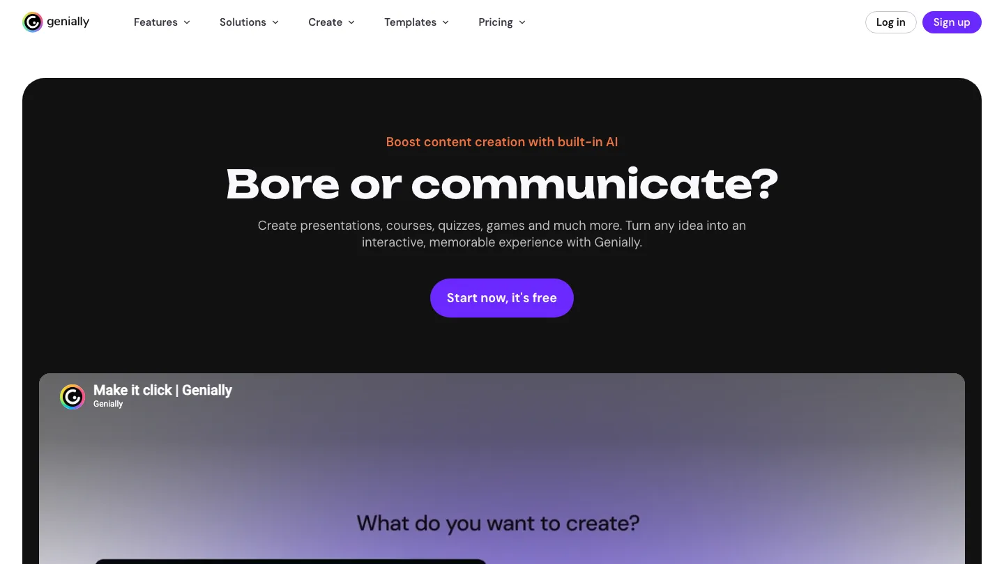 Genially homepage, showing its interactive visual content builder