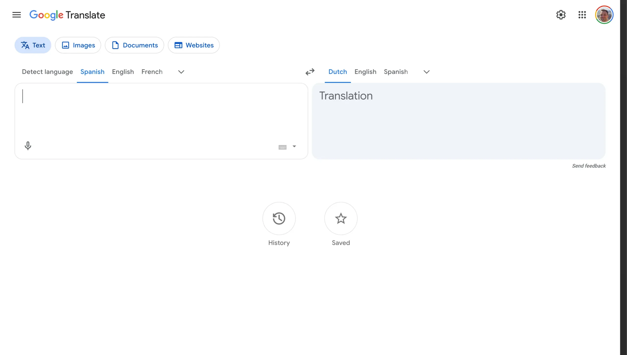 Google Translate interface with the Documents tab