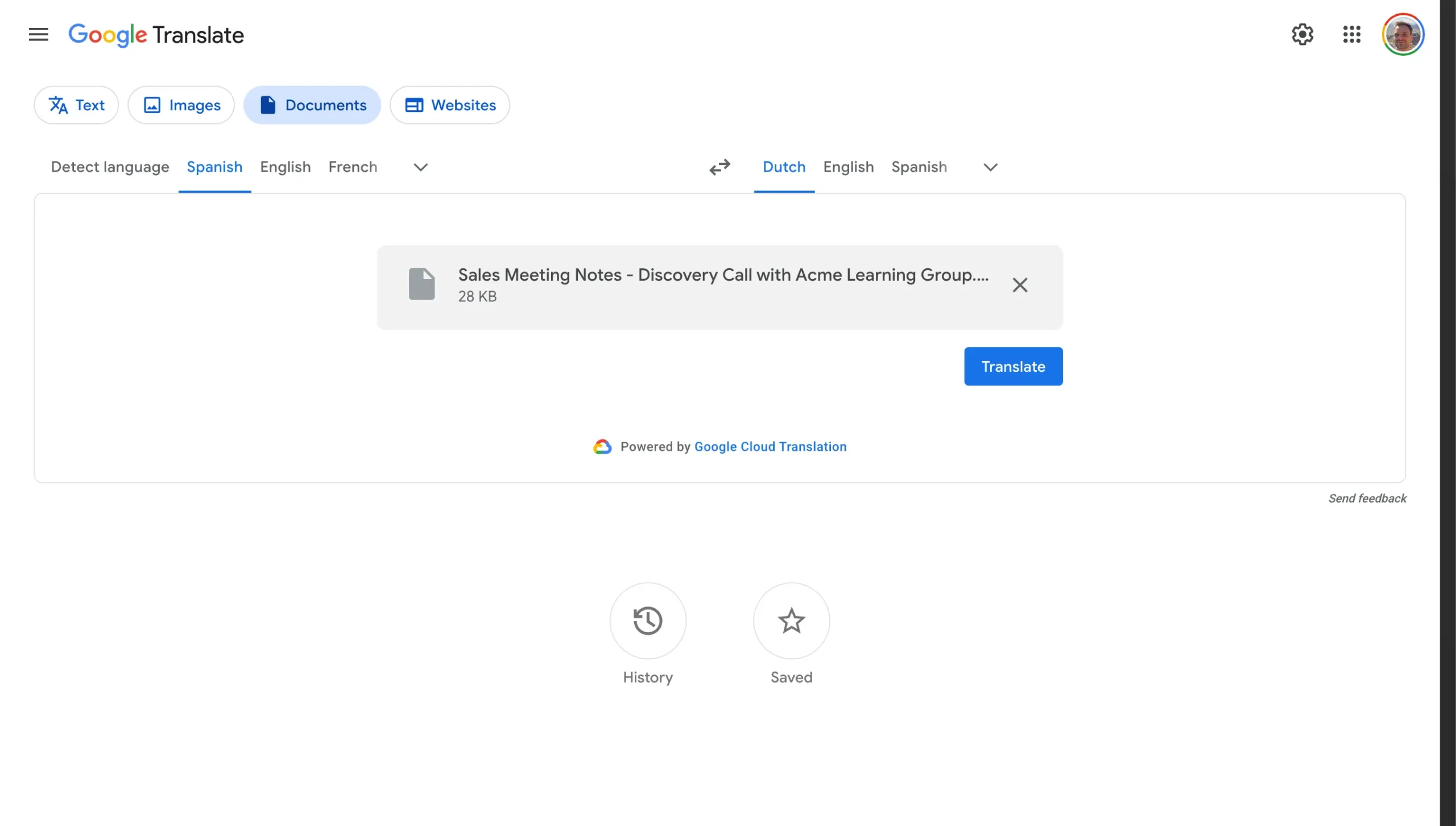 PDF uploaded to Google Translate ready for translation
