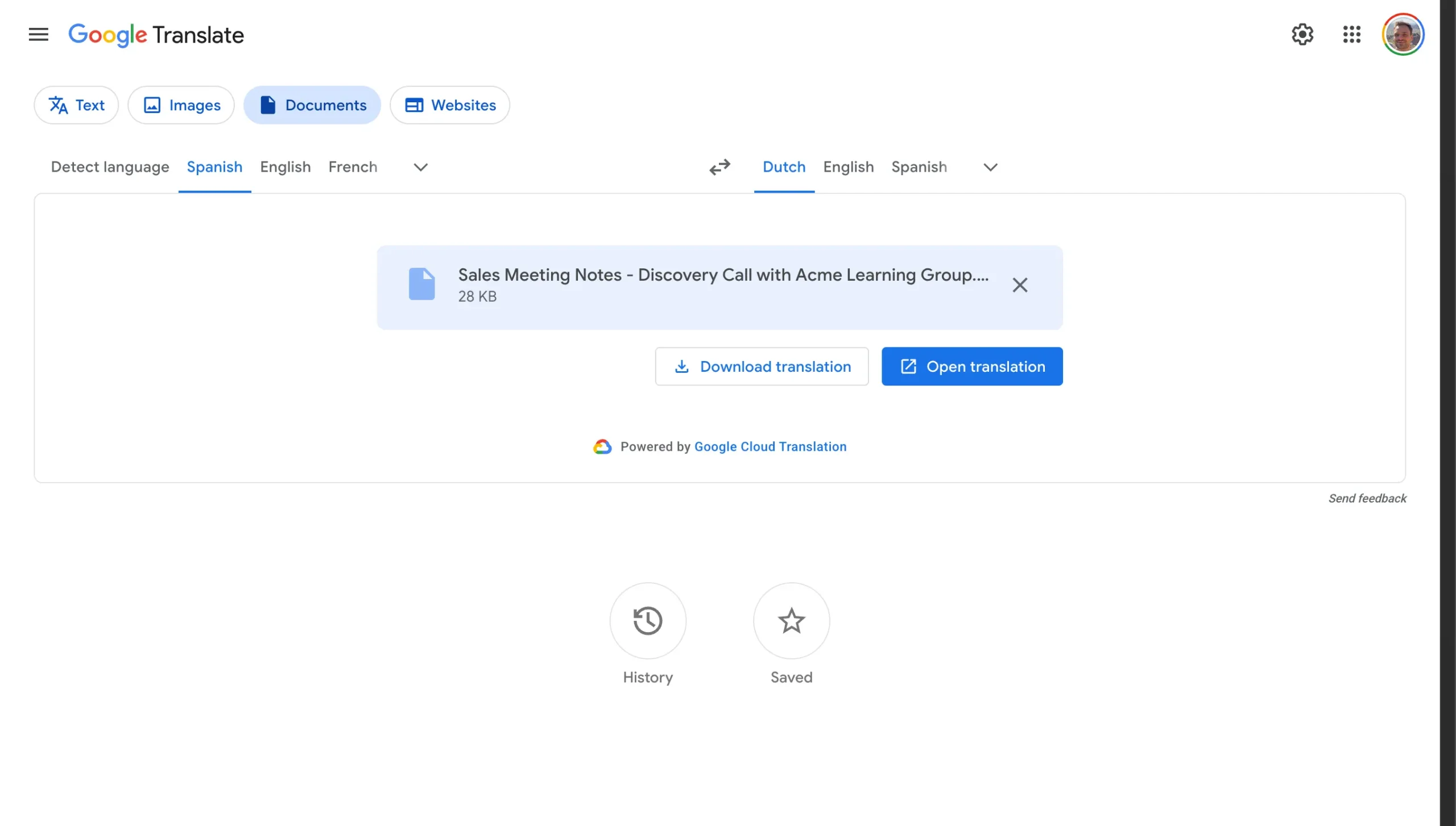 Downloading the translated PDF from Google Translate
