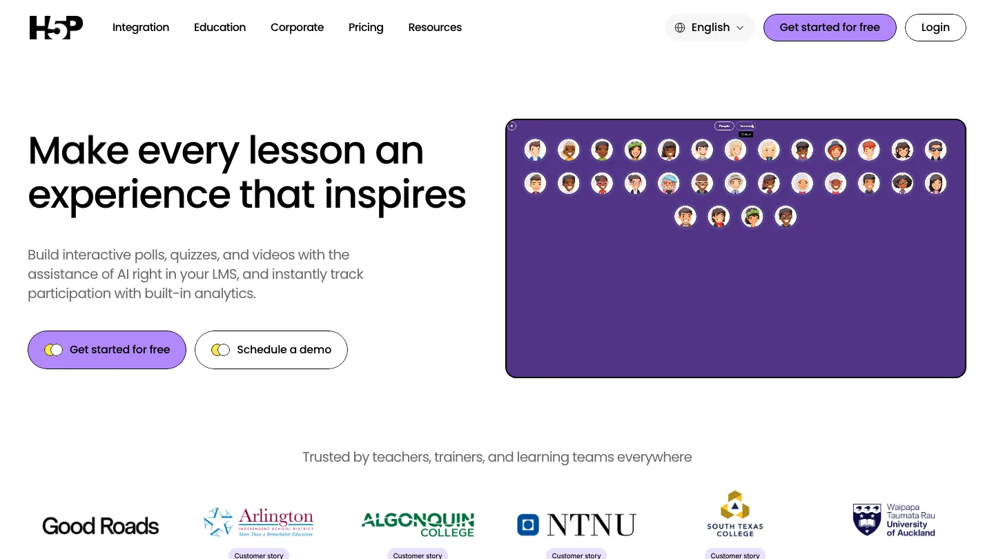 H5P homepage, showing interactive content built inside an LMS