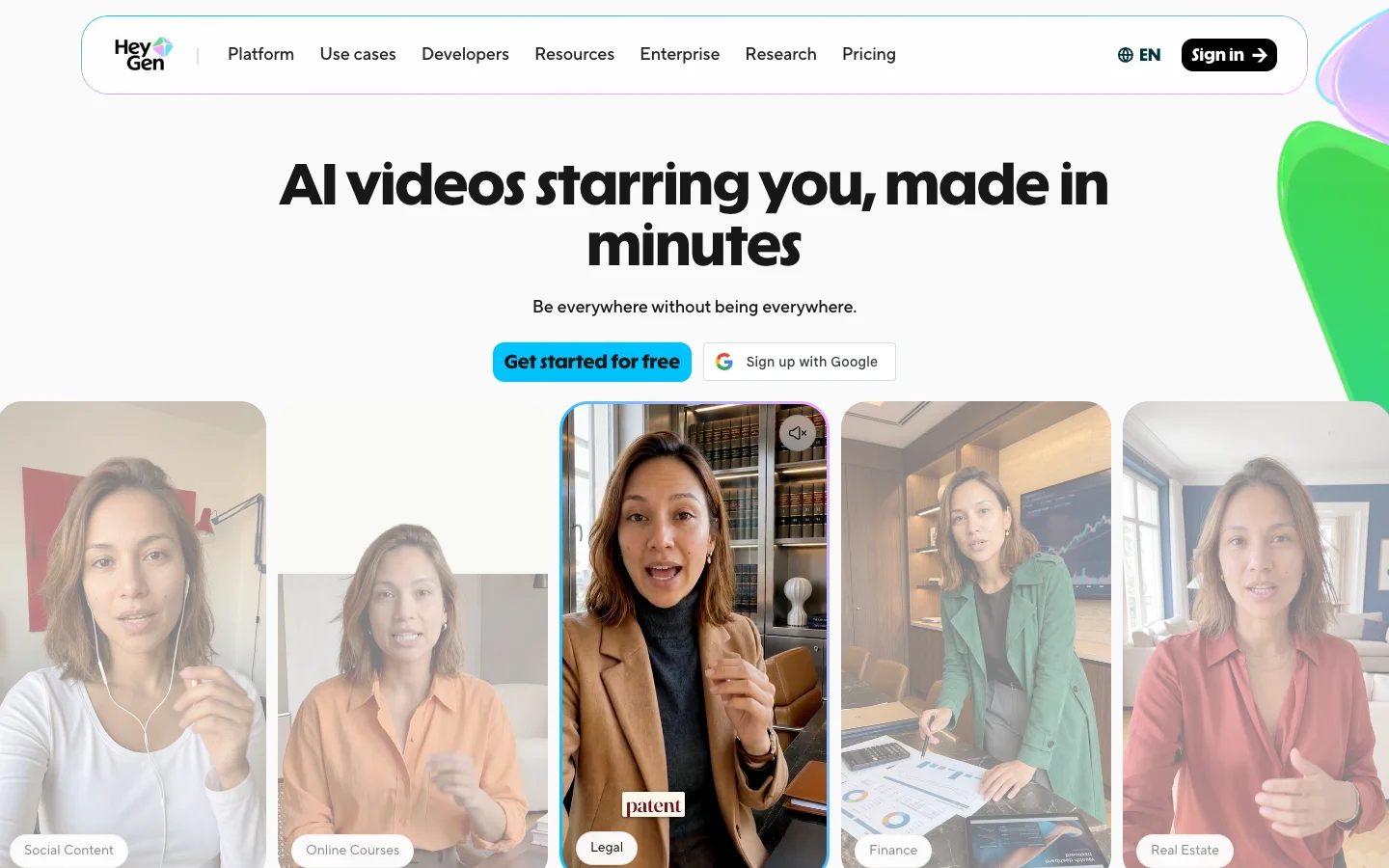 HeyGen homepage with AI avatar videos and the tagline AI videos starring you, made in minutes