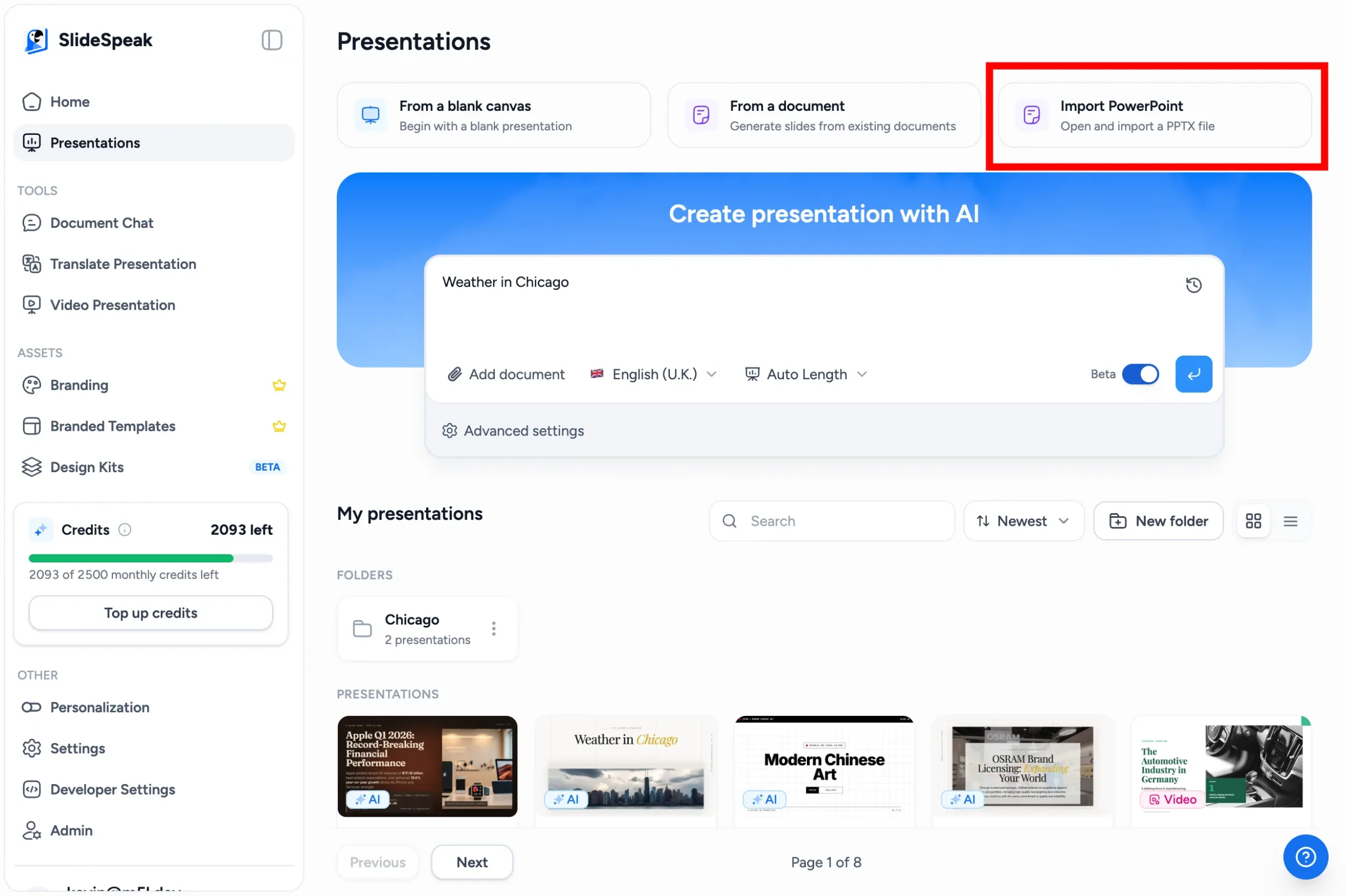 Import PowerPoint button in SlideSpeak