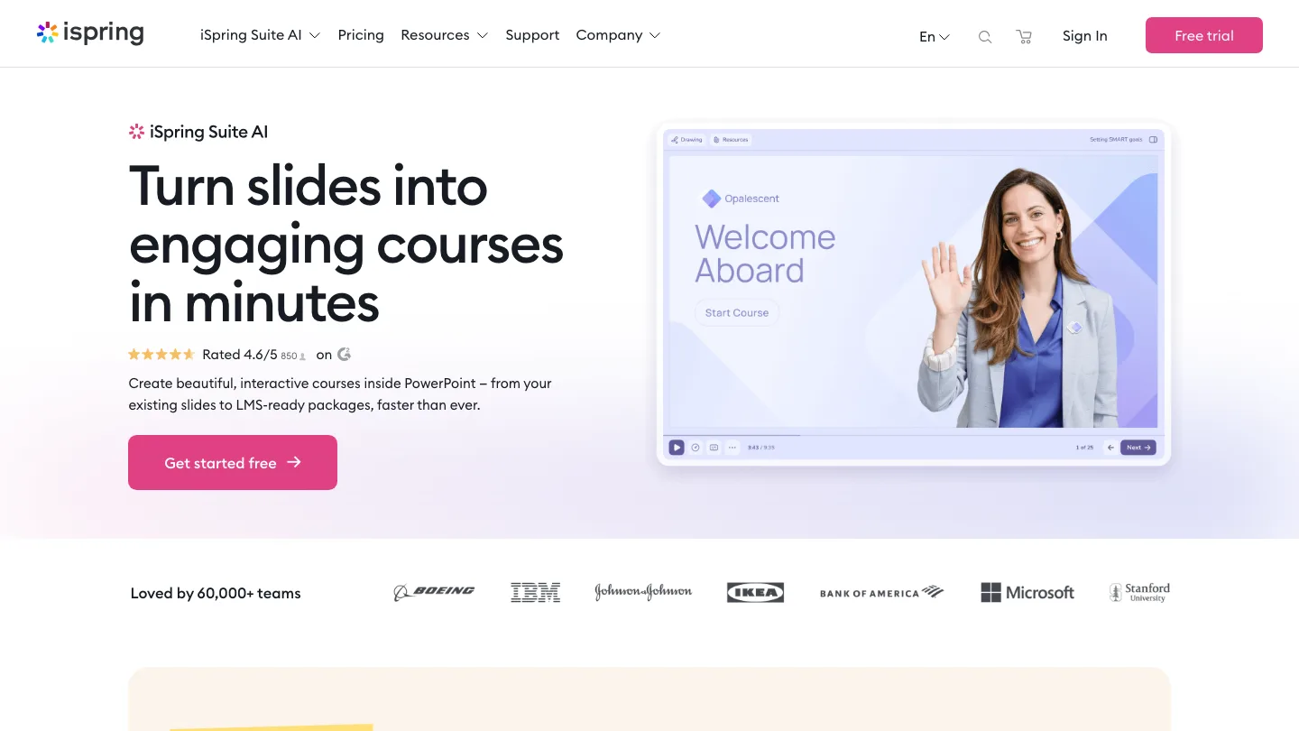 iSpring Suite homepage, showing PowerPoint-based course authoring