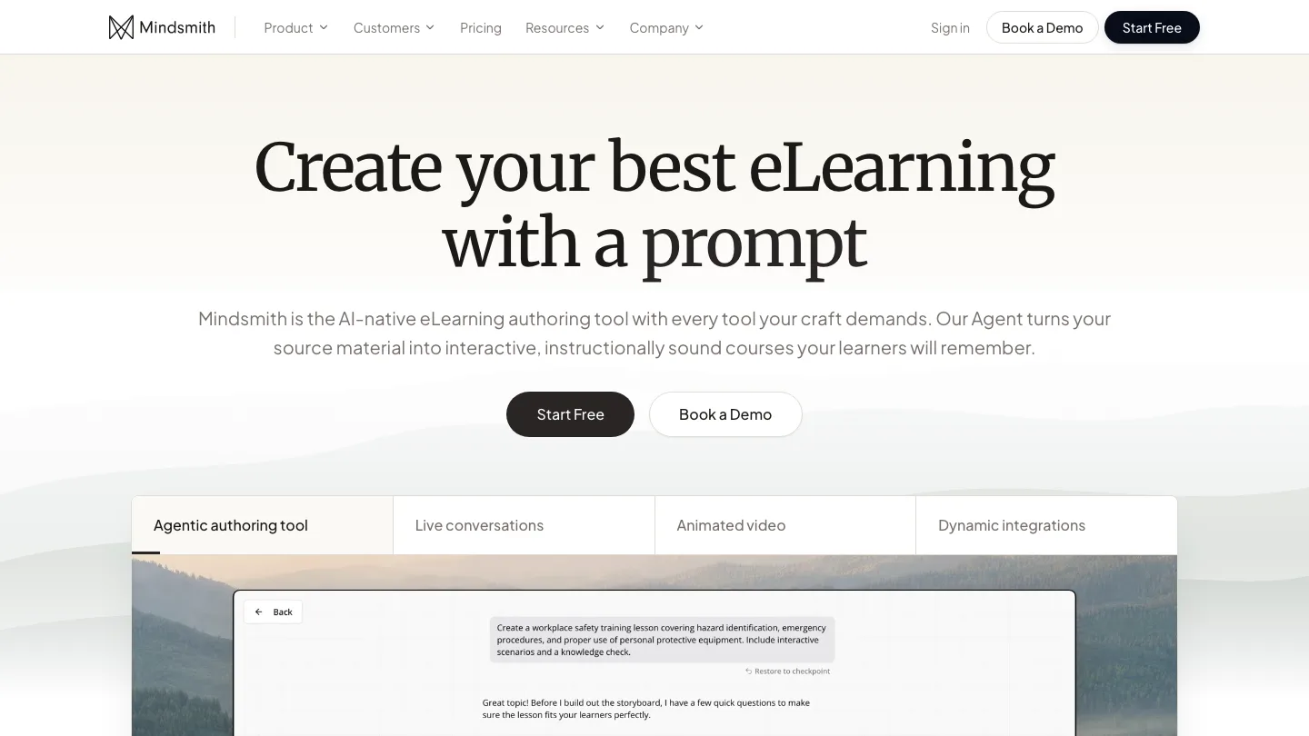 Mindsmith homepage, showing AI-generated course creation