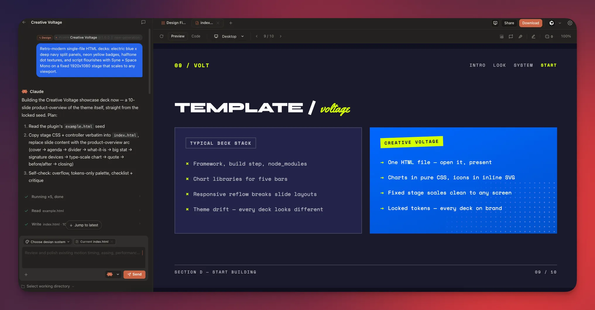 A slide deck being built in Open Design, with Claude working in the chat panel next to a live preview