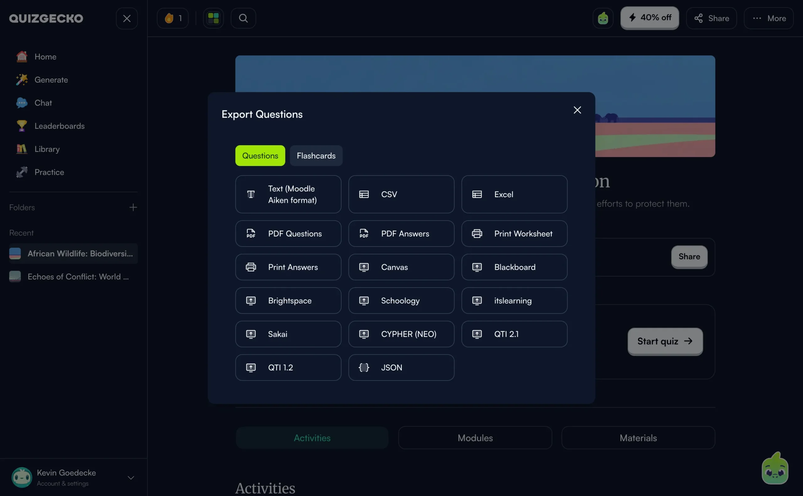Quizgecko export quiz options including Moodle, Canvas and Blackboard