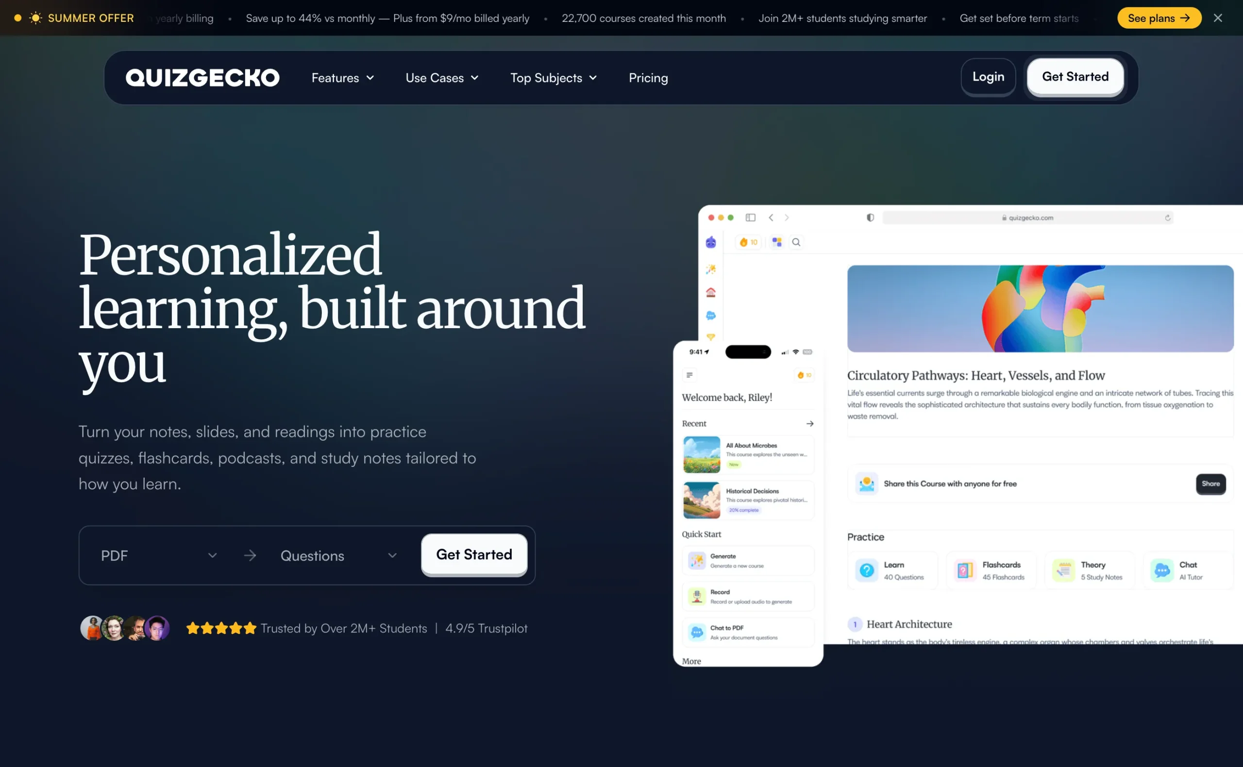 Quizgecko homepage for generating quizzes with AI