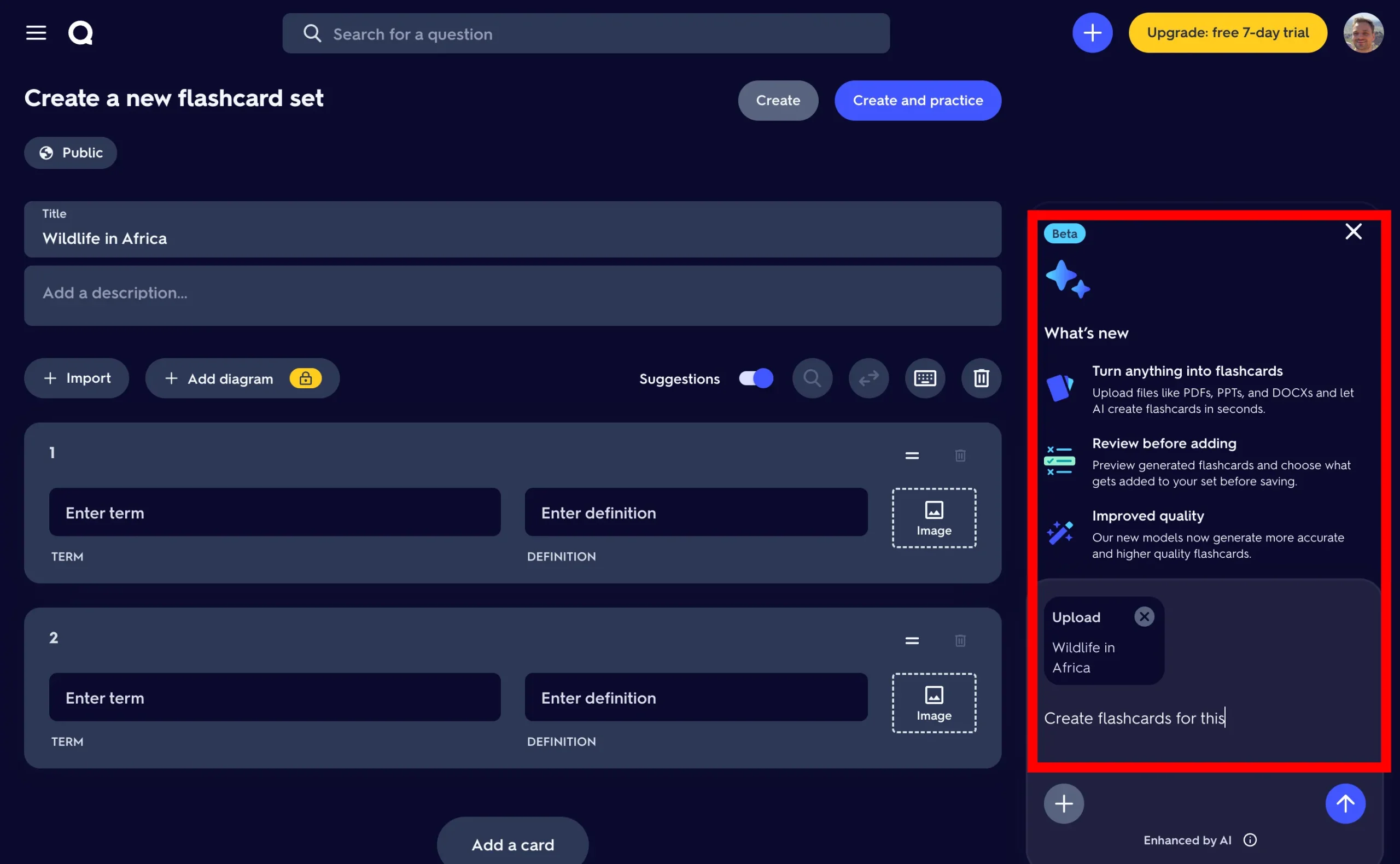 Quizlet AI assistant with an uploaded document to generate a study set