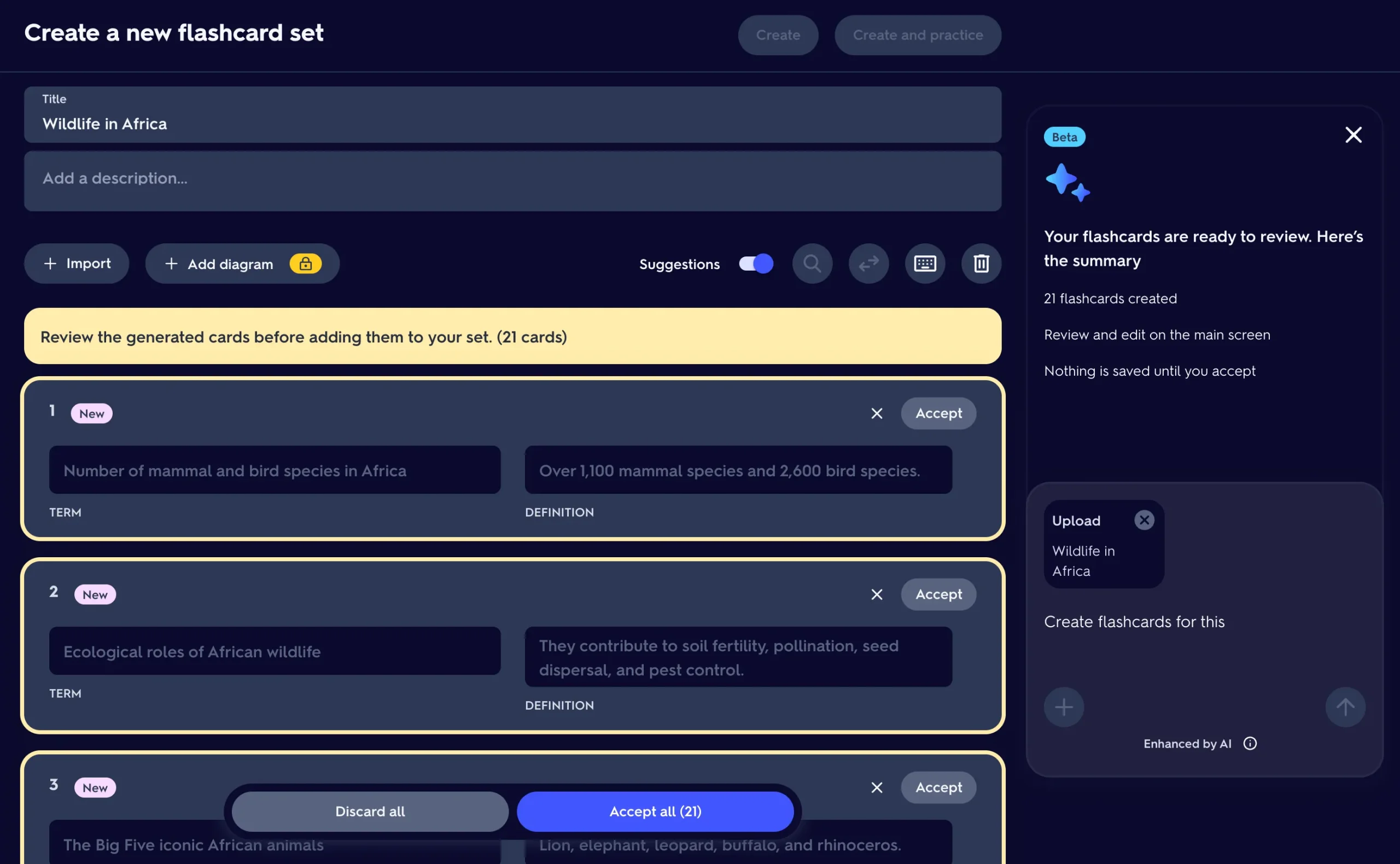 Quizlet review AI generated cards before adding them to the set