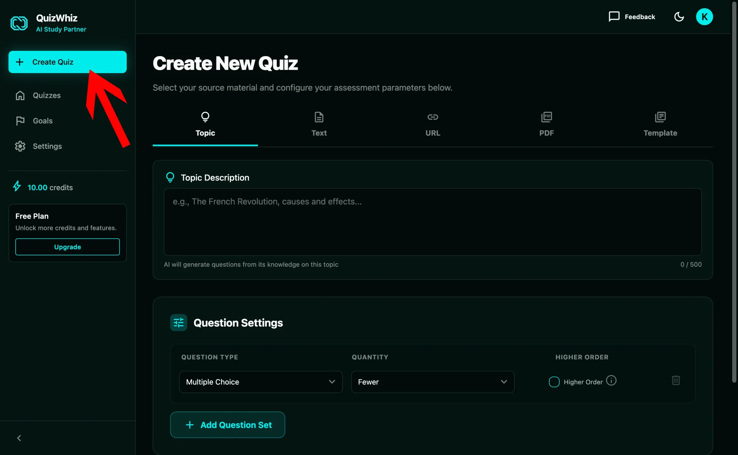 QuizWhiz dashboard with the Create Quiz button highlighted
