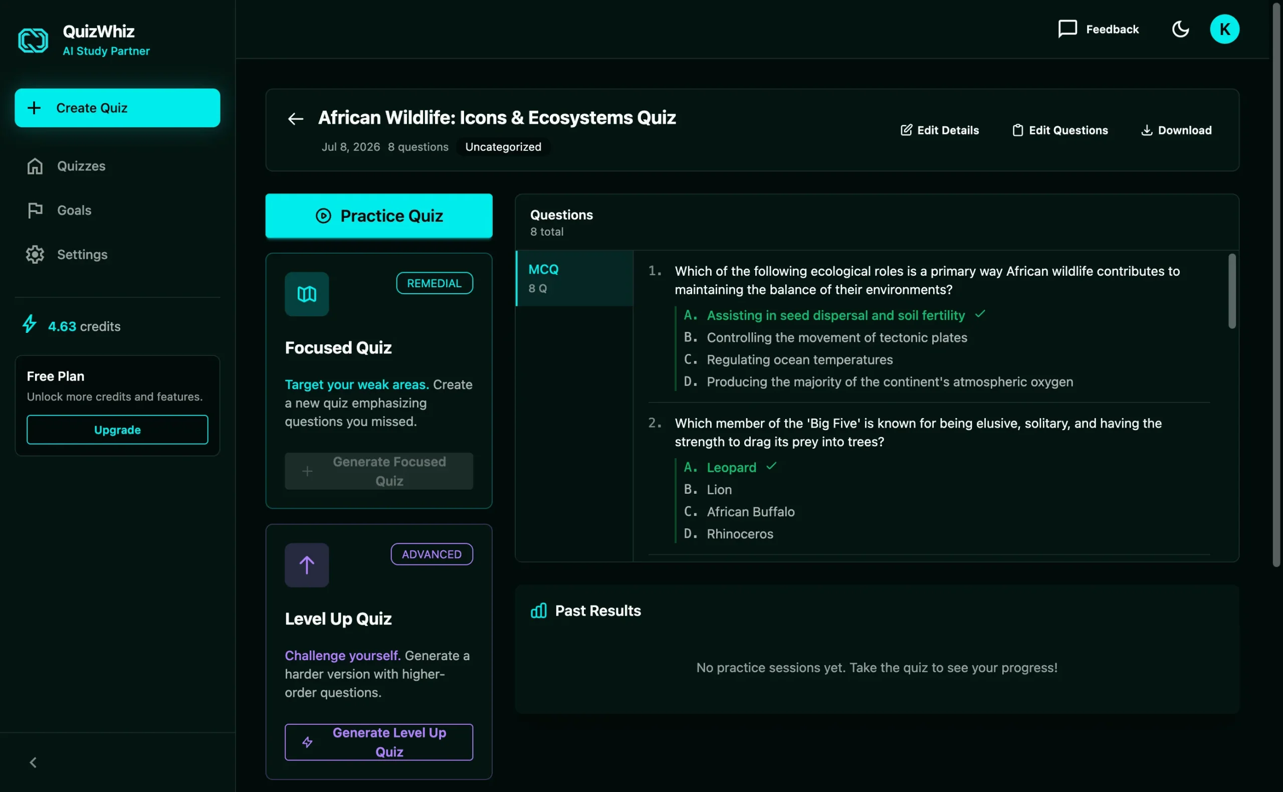 QuizWhiz generated multiple-choice quiz with correct answers highlighted