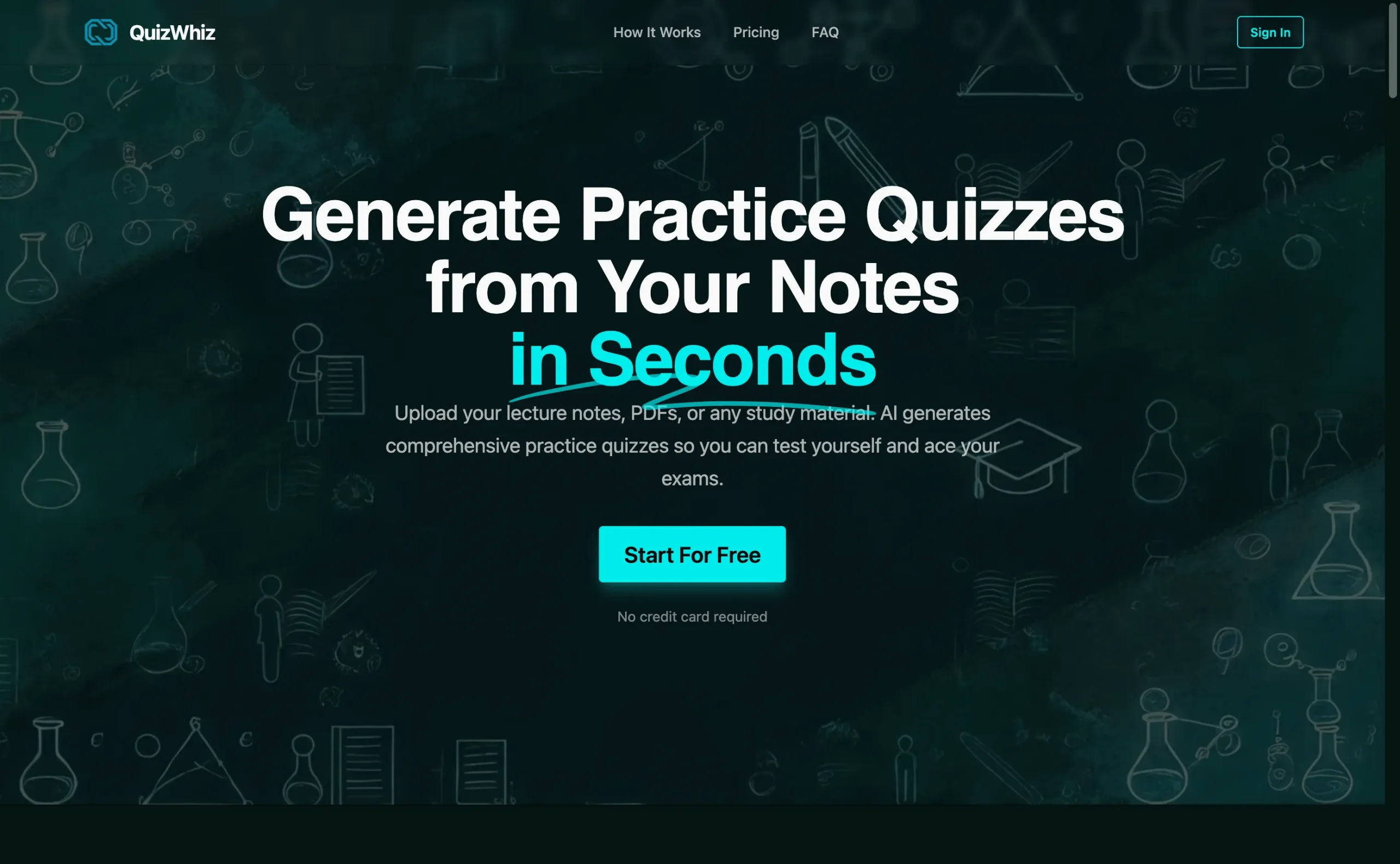 QuizWhiz landing page for generating practice quizzes from notes and PDFs