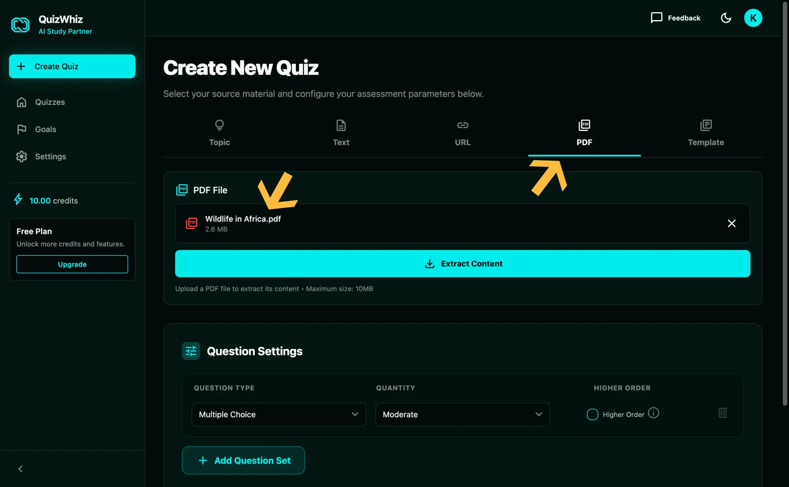 QuizWhiz PDF tab with an uploaded PDF and the Extract Content button