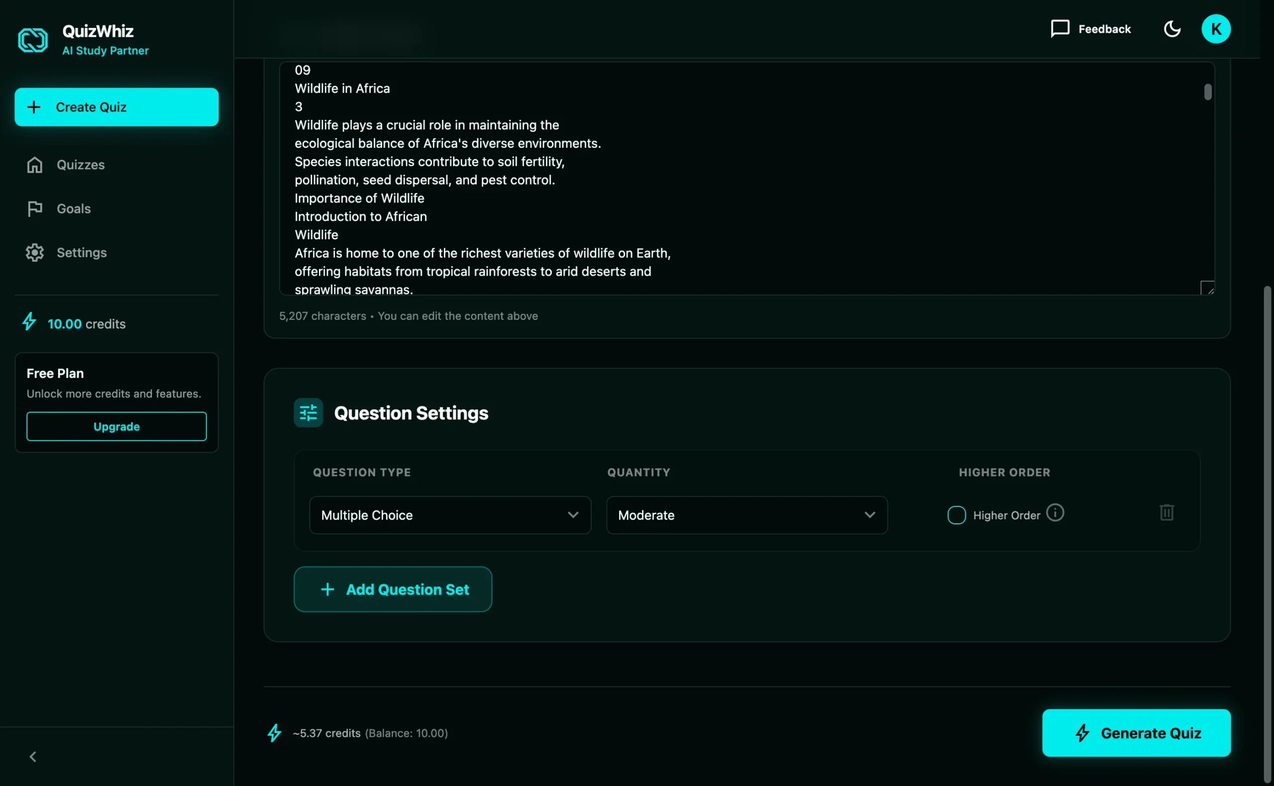 QuizWhiz extracted PDF content with multiple choice question settings