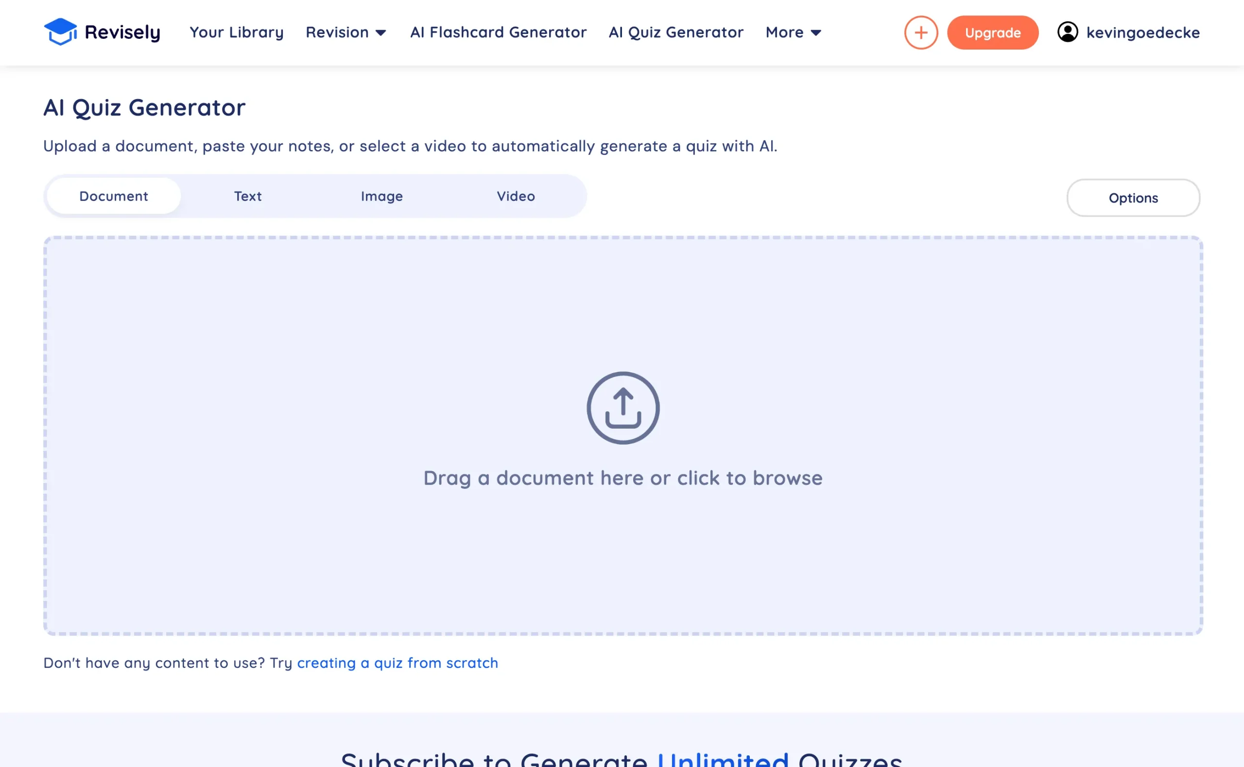 Revisely AI Quiz Generator document upload page