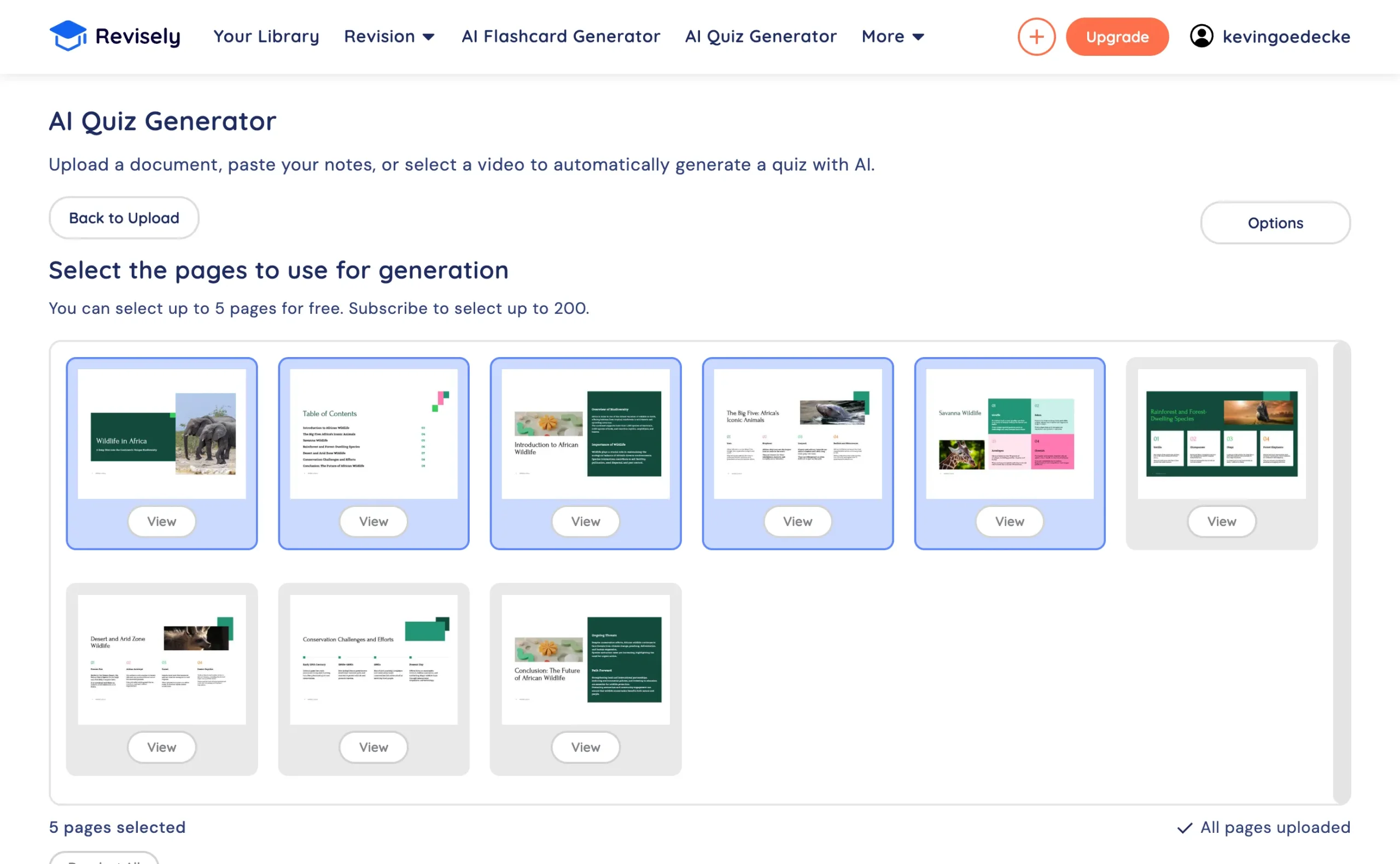 Revisely select document pages to use for quiz generation