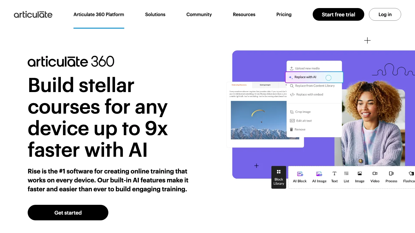 Articulate Rise 360 homepage showing its block-based course builder