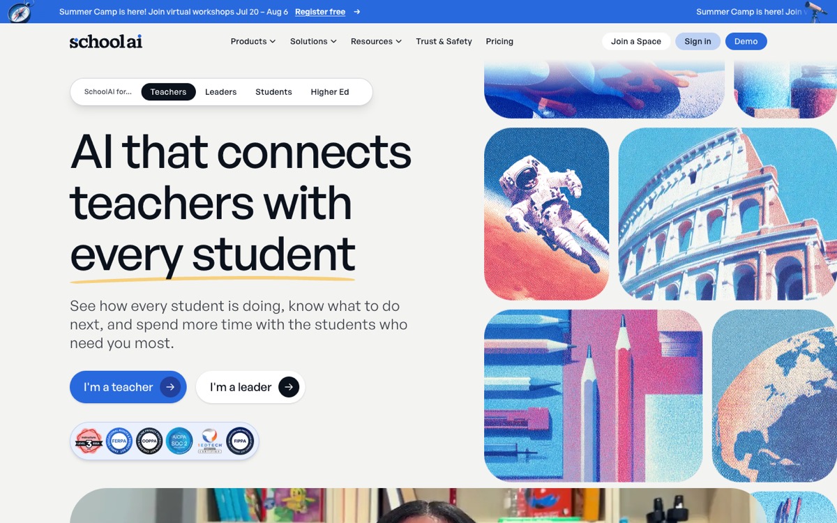 SchoolAI homepage, student-facing AI Spaces for classrooms
