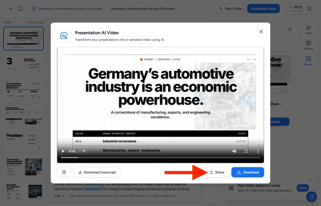 Share button below the AI video presentation player in SlideSpeak