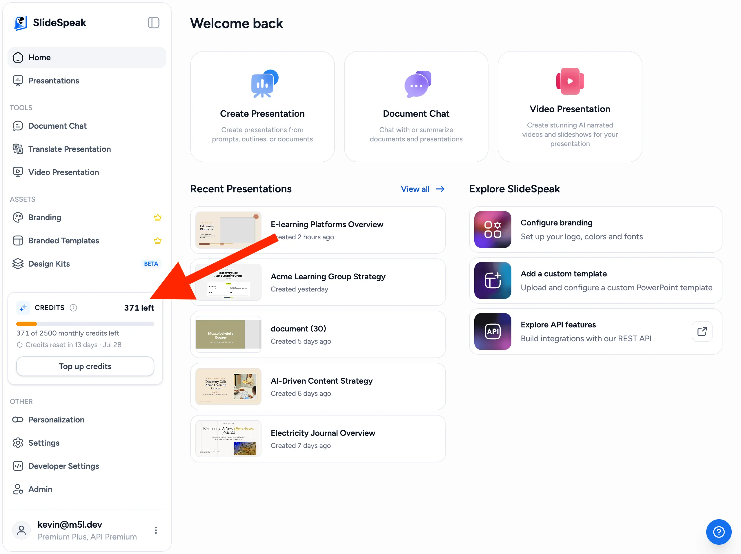 Credits panel in the SlideSpeak dashboard showing remaining monthly credits