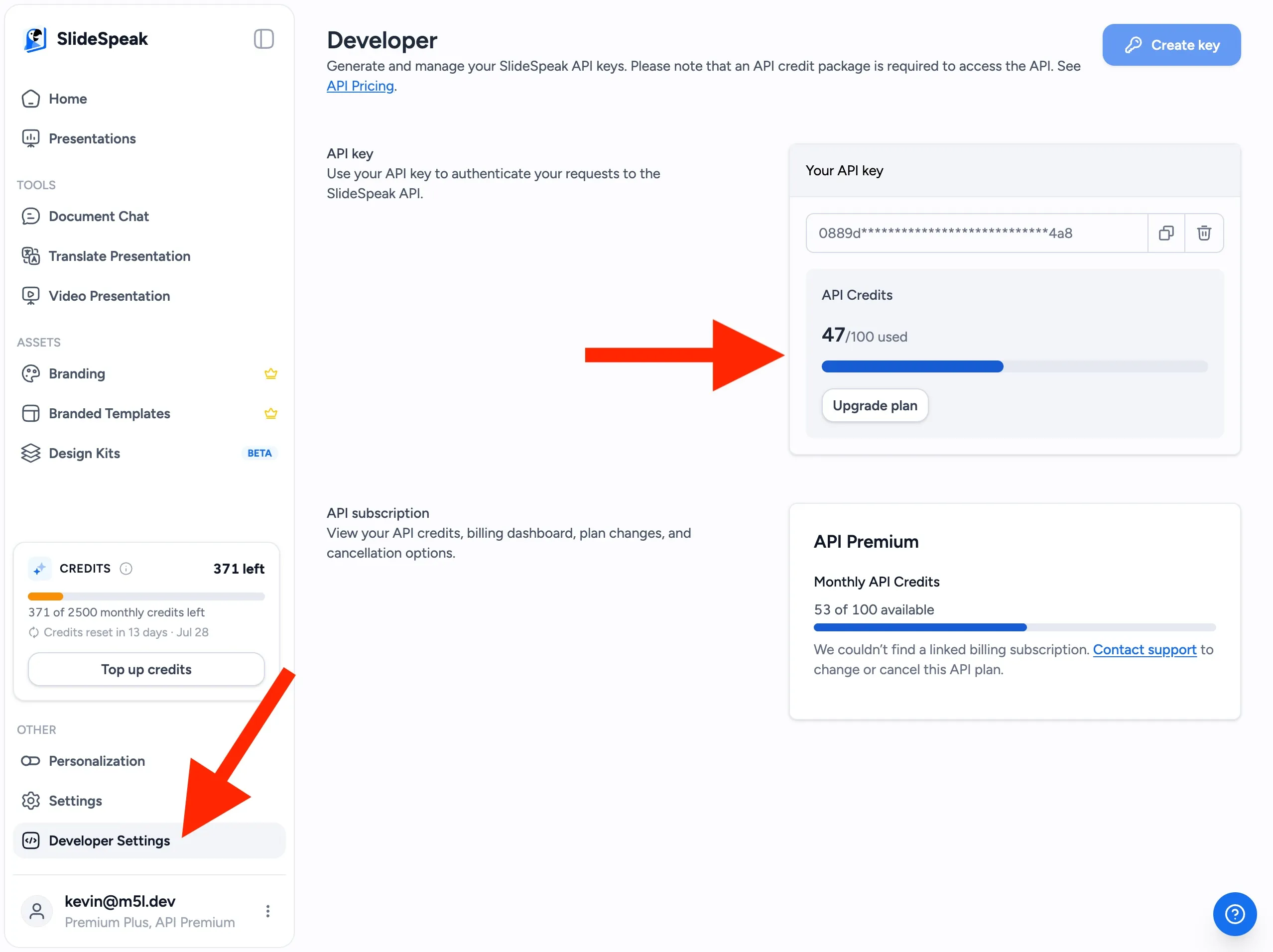 API credit balance shown under Developer Settings in SlideSpeak