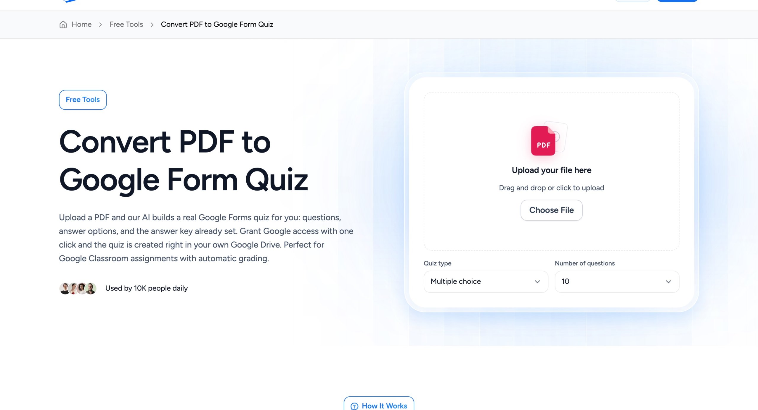 SlideSpeak free tool to convert a PDF into a Google Form quiz, with upload area, quiz type and question count options