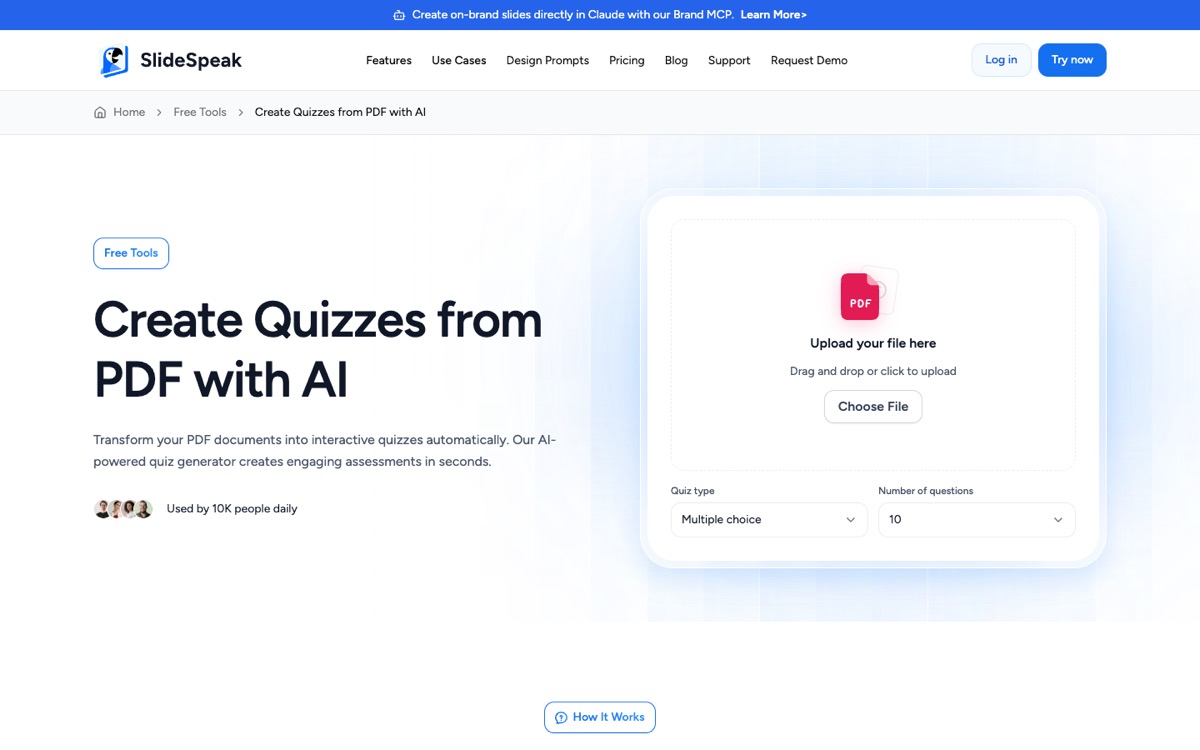 SlideSpeak free tool to create a quiz from a PDF