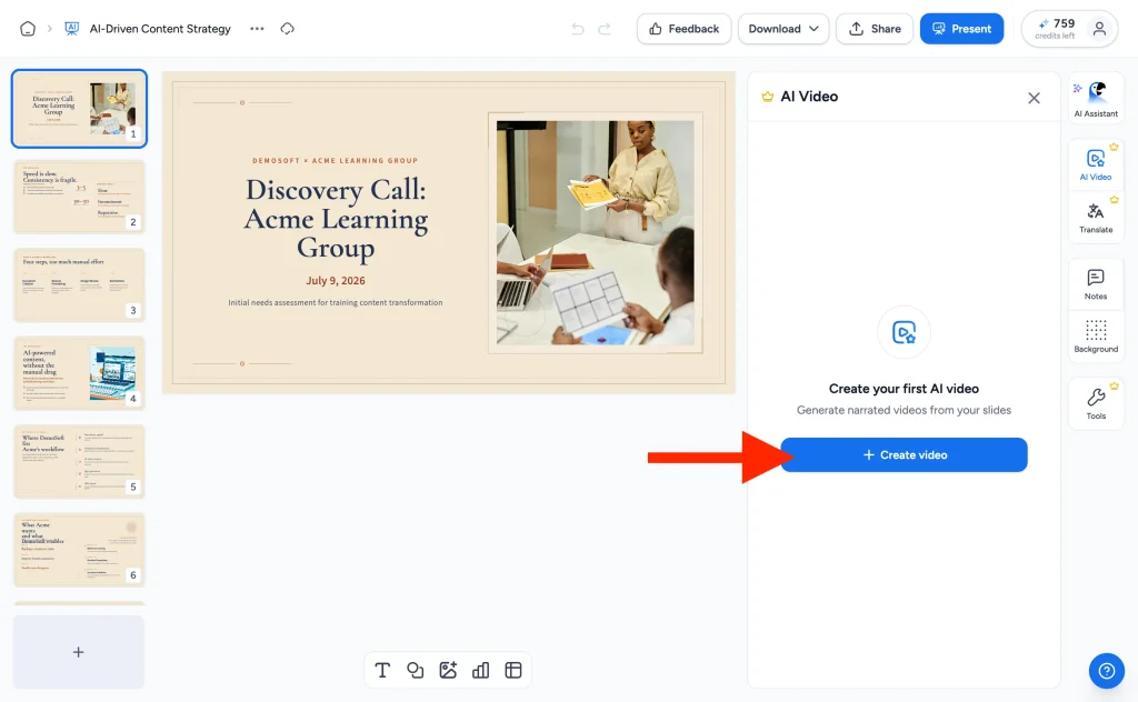 AI Video panel in SlideSpeak with the Create video button