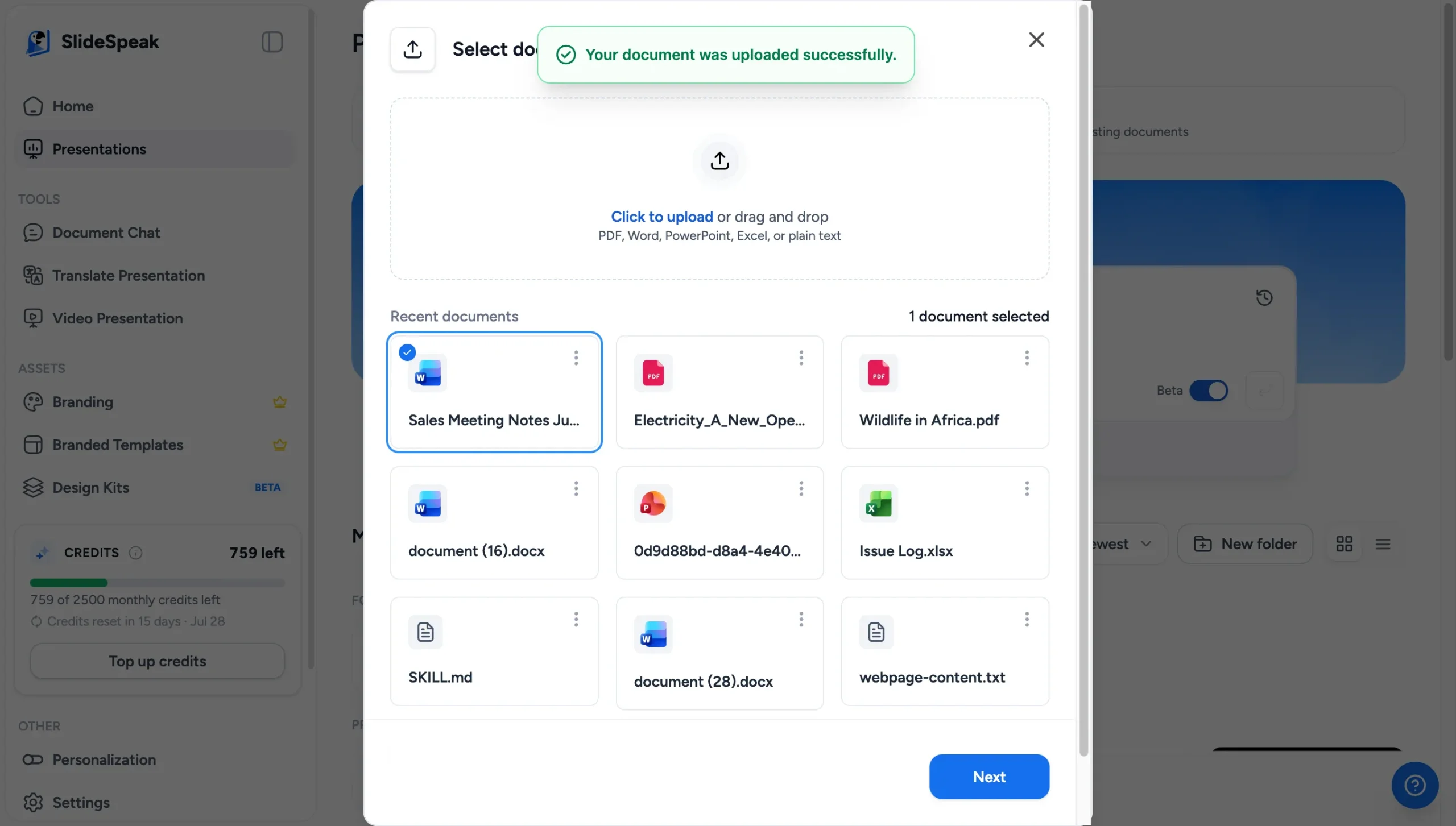 Word document uploaded successfully in SlideSpeak