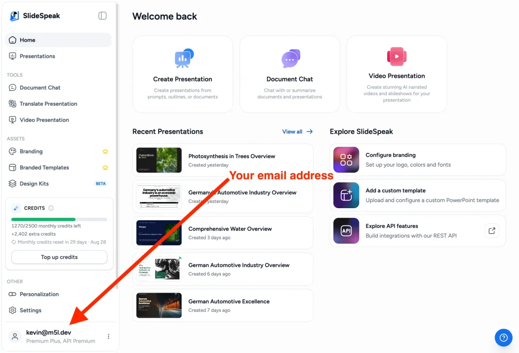 SlideSpeak home dashboard with an arrow pointing to the account email and plan in the bottom-left corner