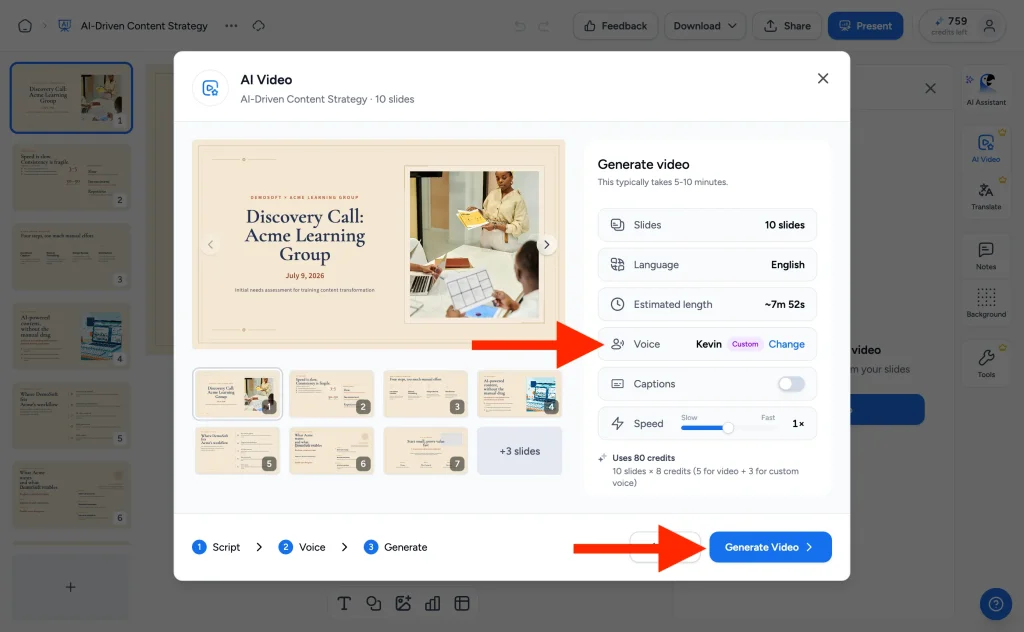 Generate video step showing the custom voice selected and the video settings