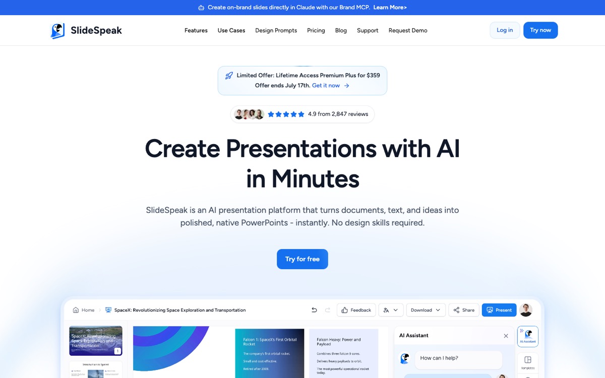 SlideSpeak homepage, AI presentation and quiz generation platform