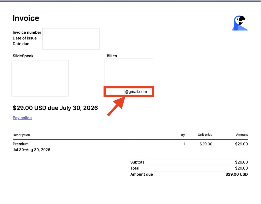 SlideSpeak invoice with the Bill to email address highlighted, showing which email the subscription is under