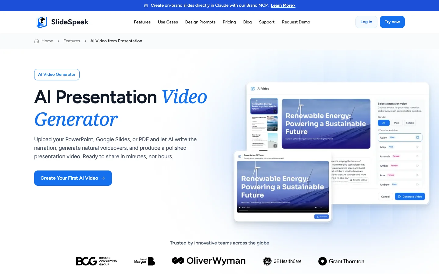 SlideSpeak AI presentation video generator landing page, the AI tool for safety training videos from existing decks