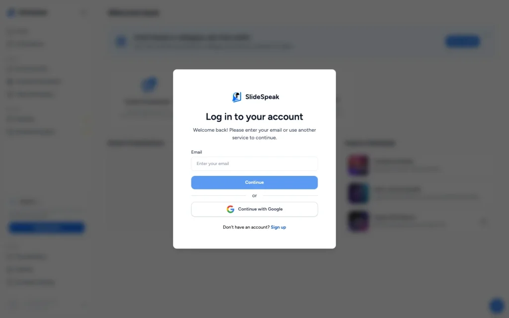 SlideSpeak login screen with the email field and Continue with Google option