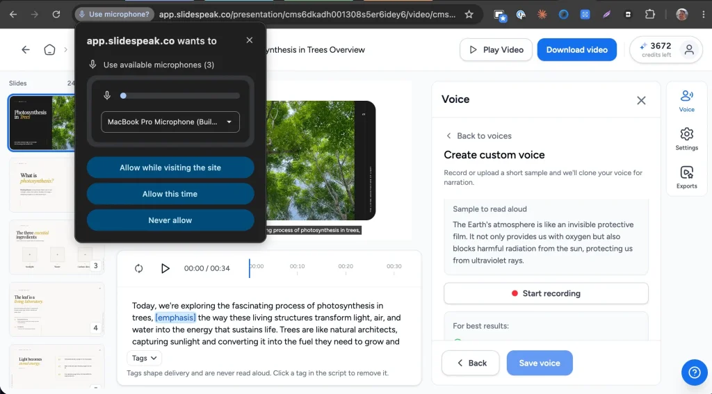 Chrome permission prompt asking to use the microphone on app.slidespeak.co