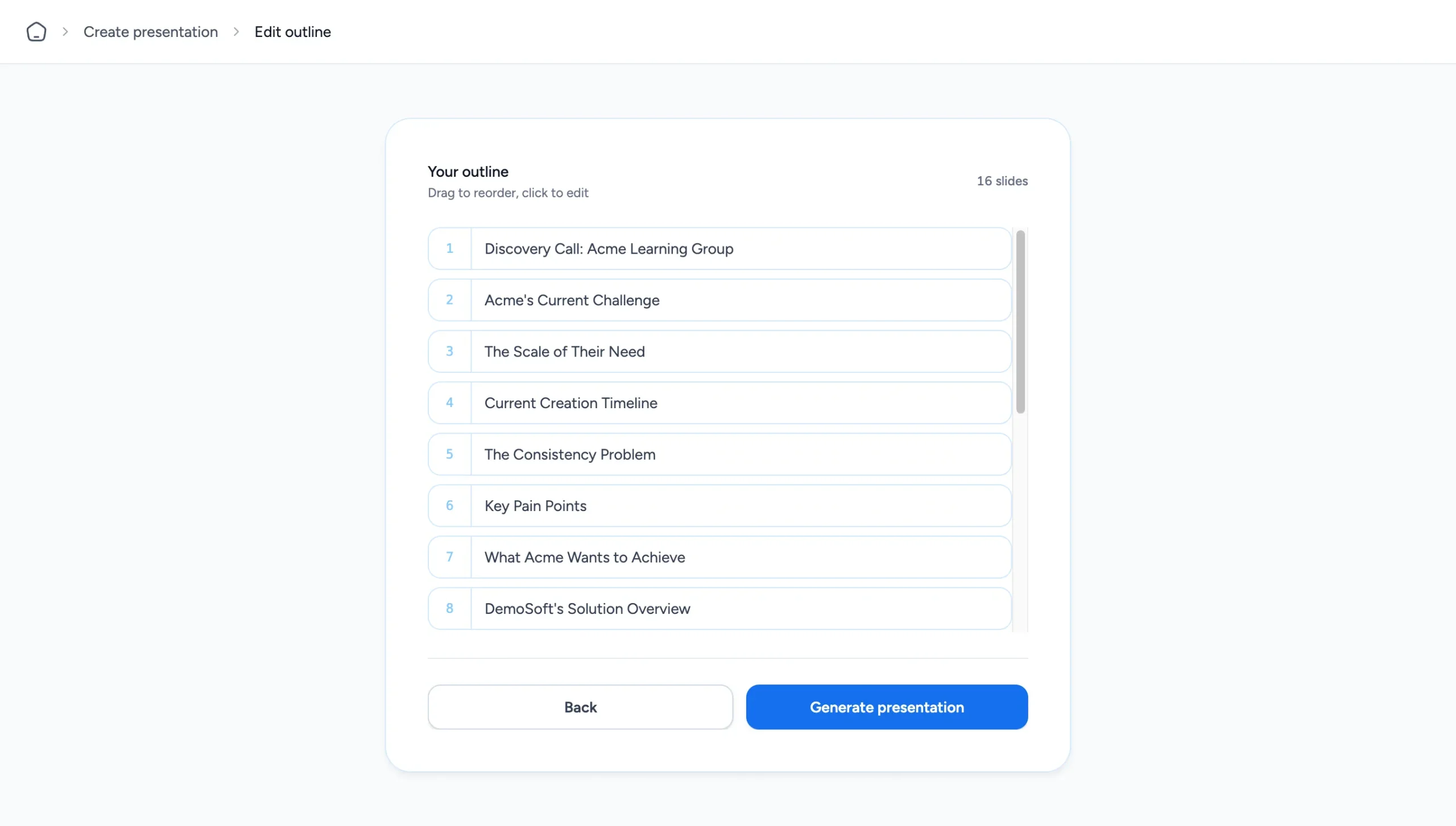 AI-generated presentation outline from a Word document in SlideSpeak