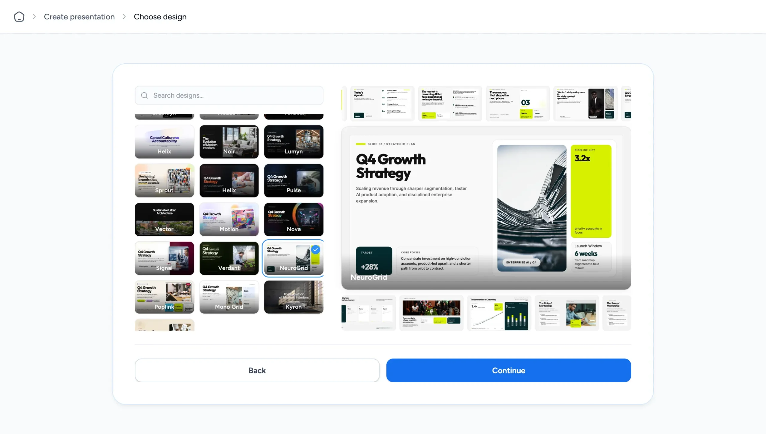 Choosing a design template for the AI presentation in SlideSpeak