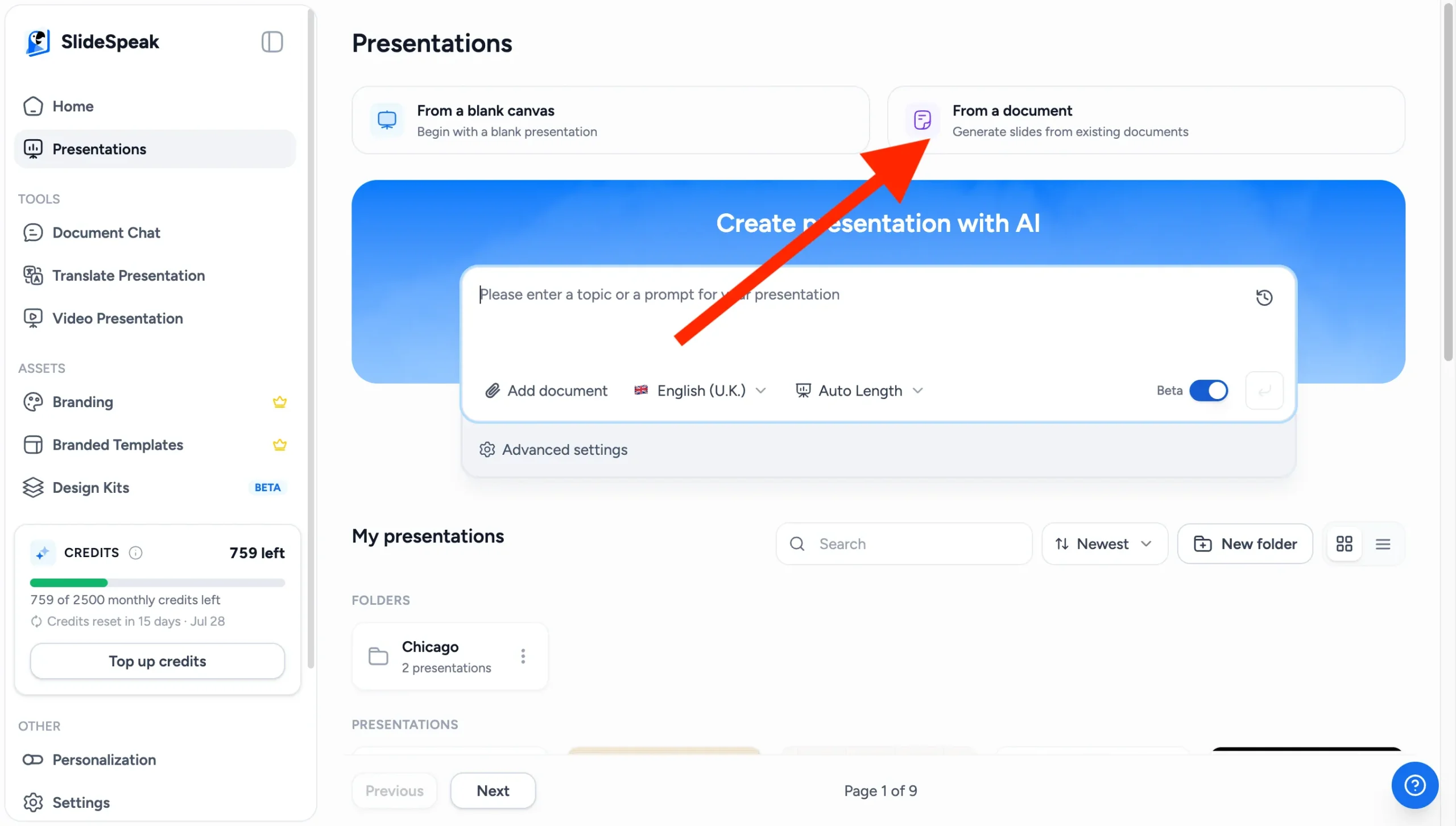 Select From a document in SlideSpeak to generate slides from a Word file