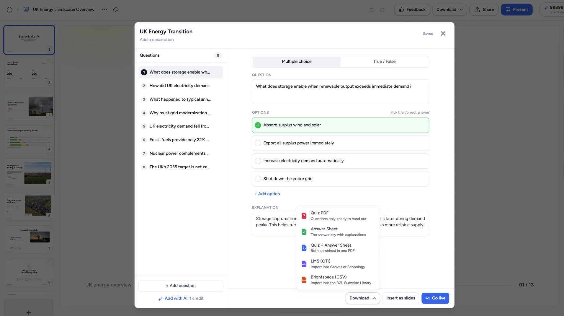 Download menu in the SlideSpeak quiz editor with PDF, LMS (QTI), and Brightspace (CSV) options