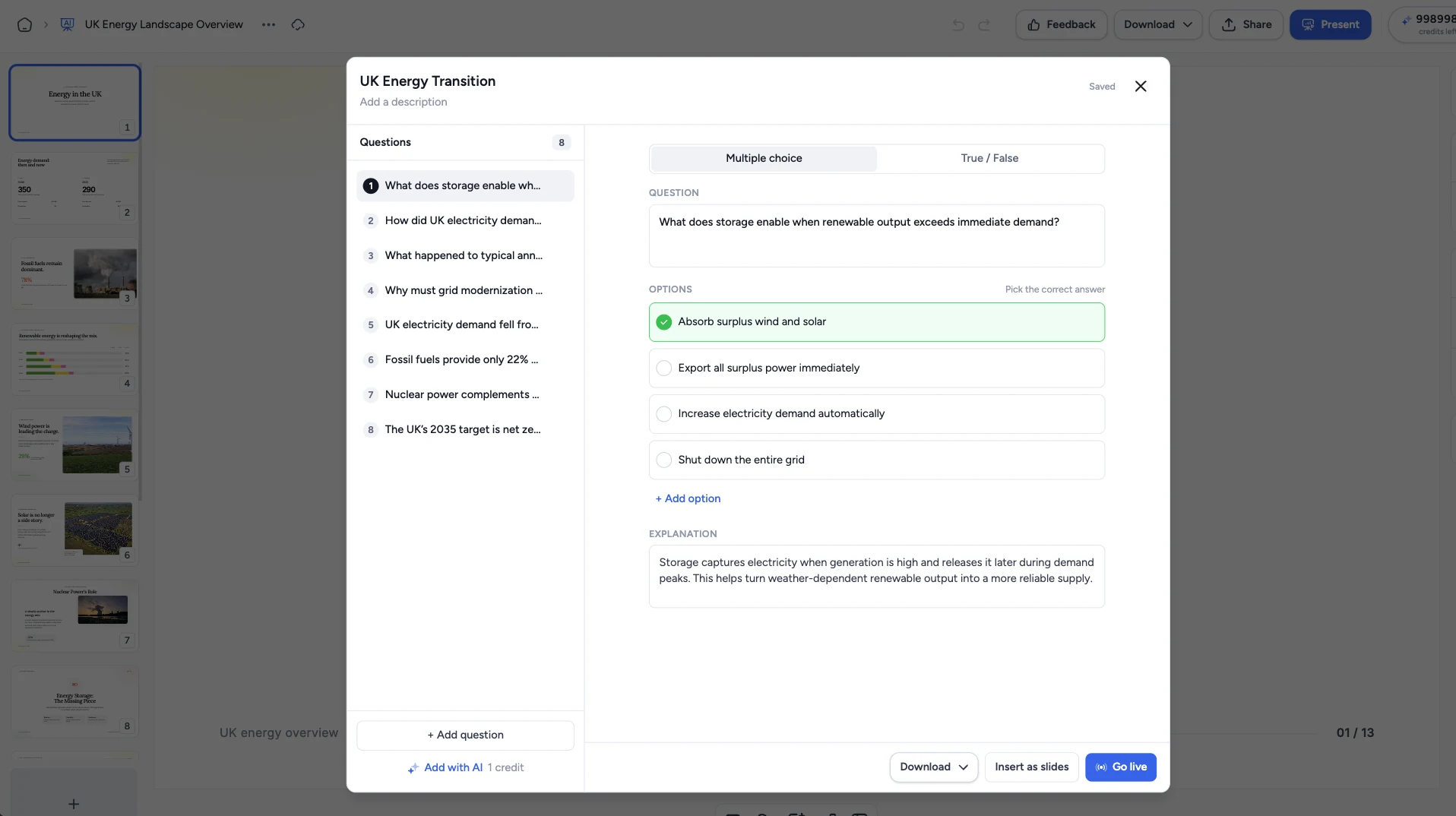 SlideSpeak quiz editor showing the question list, answer options, correct answer, and explanation