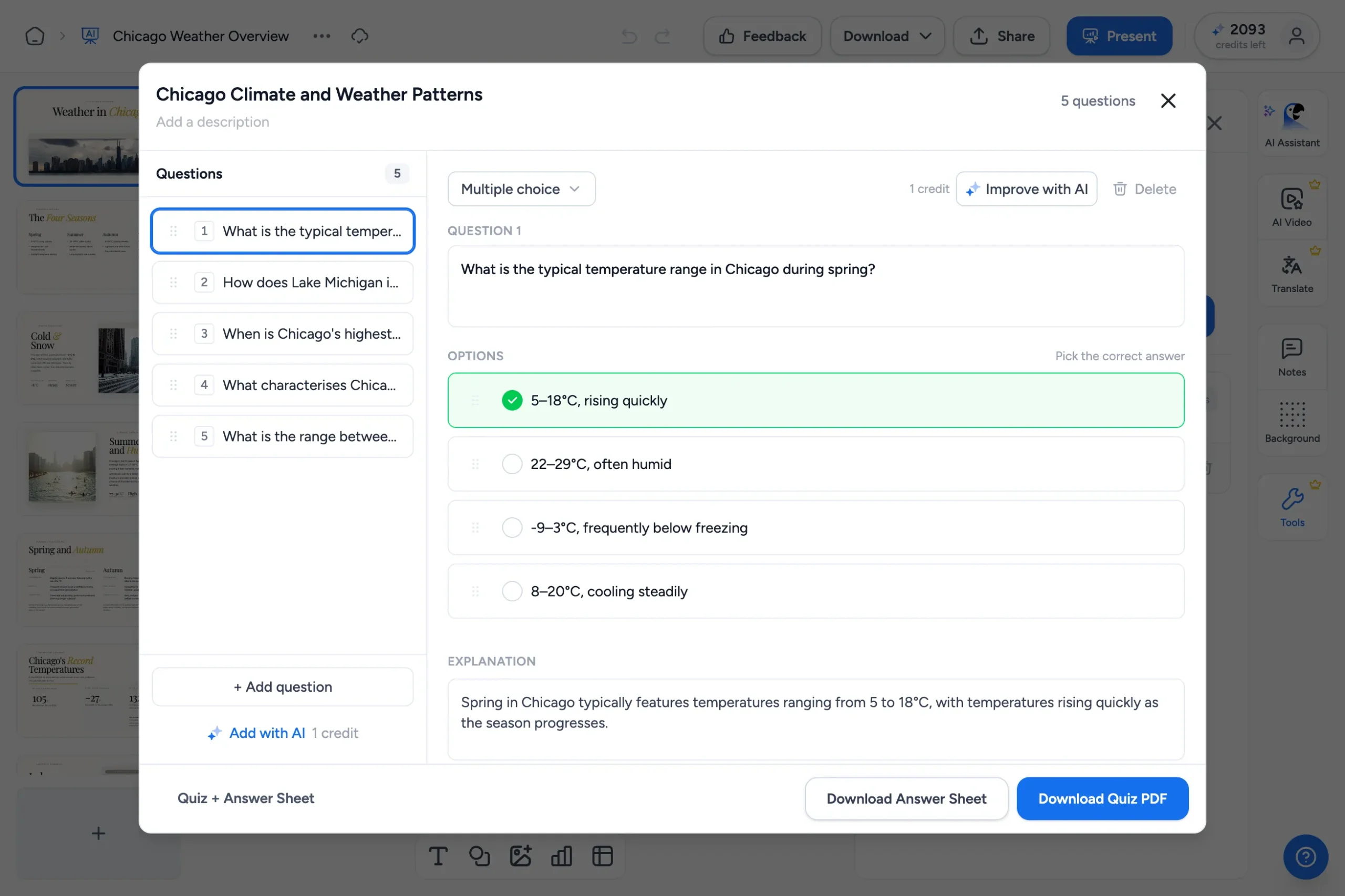 SlideSpeak quiz editor showing questions and answer options