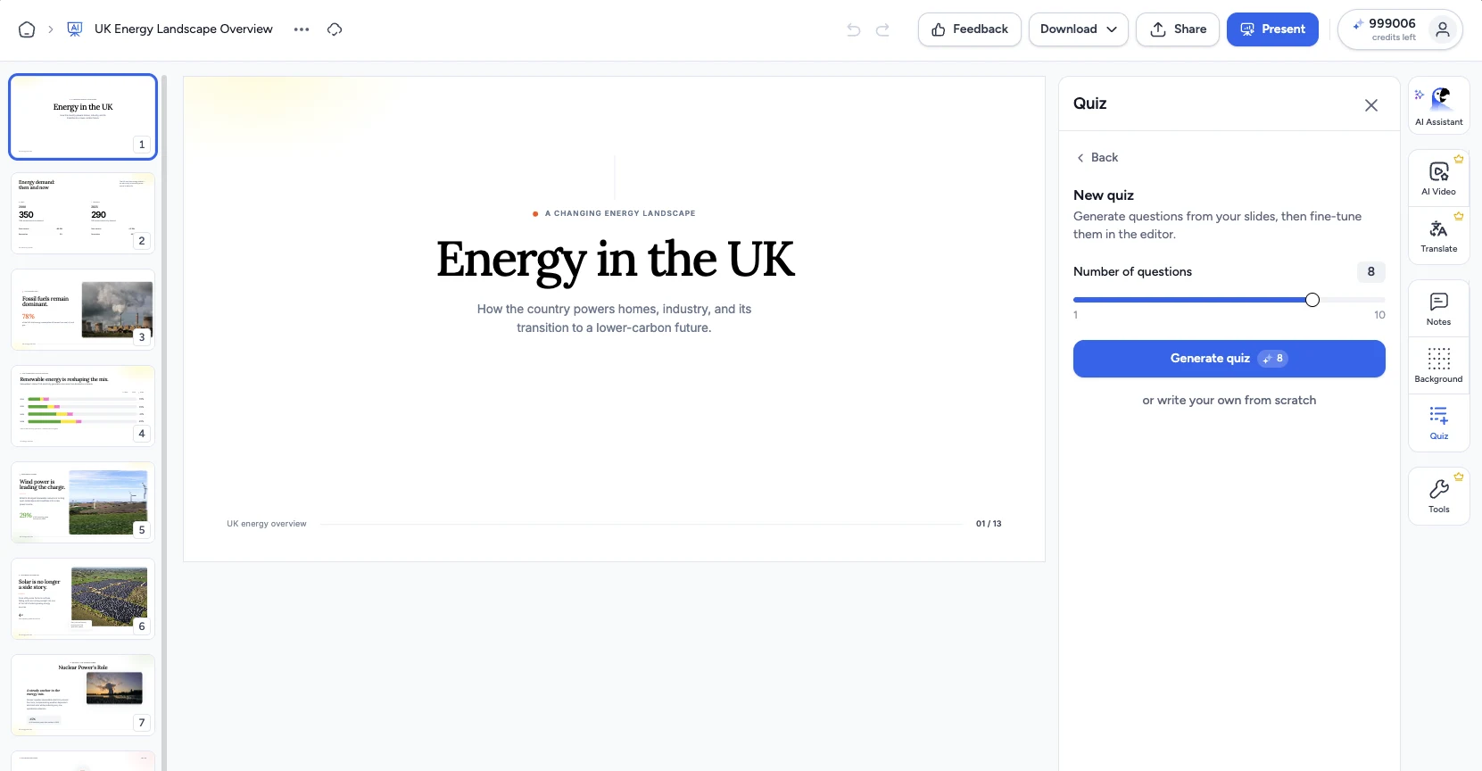New quiz settings in SlideSpeak with the number of questions slider and Generate quiz button