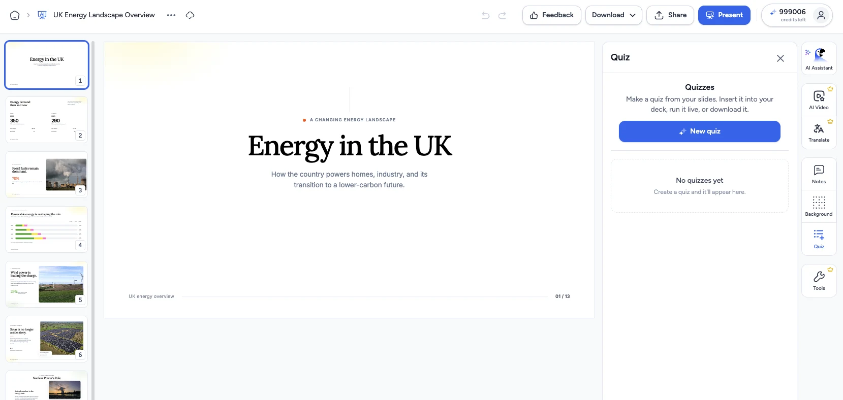 Quiz panel in the SlideSpeak editor with the New quiz button