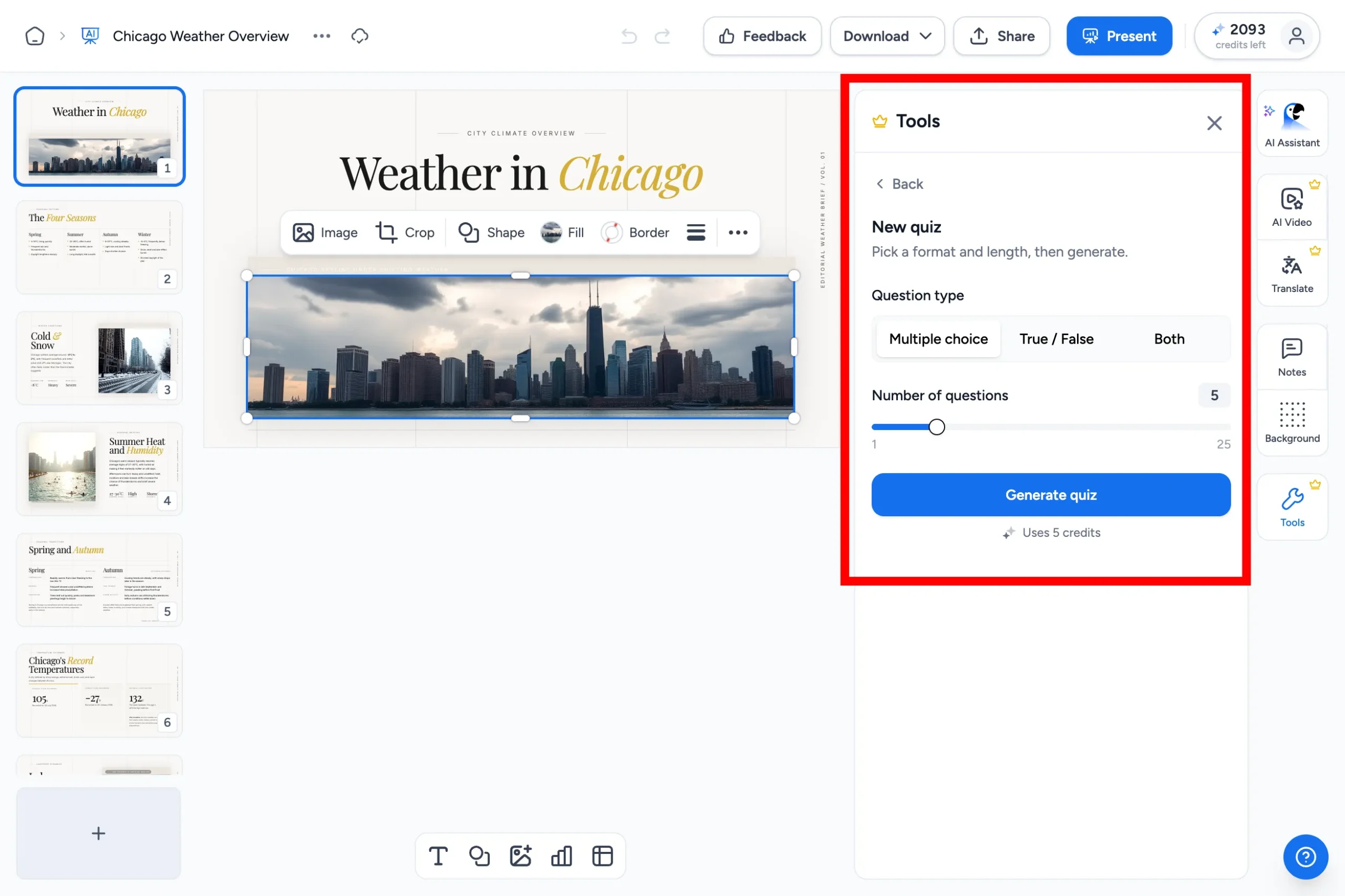 SlideSpeak new quiz settings with question type and number of questions