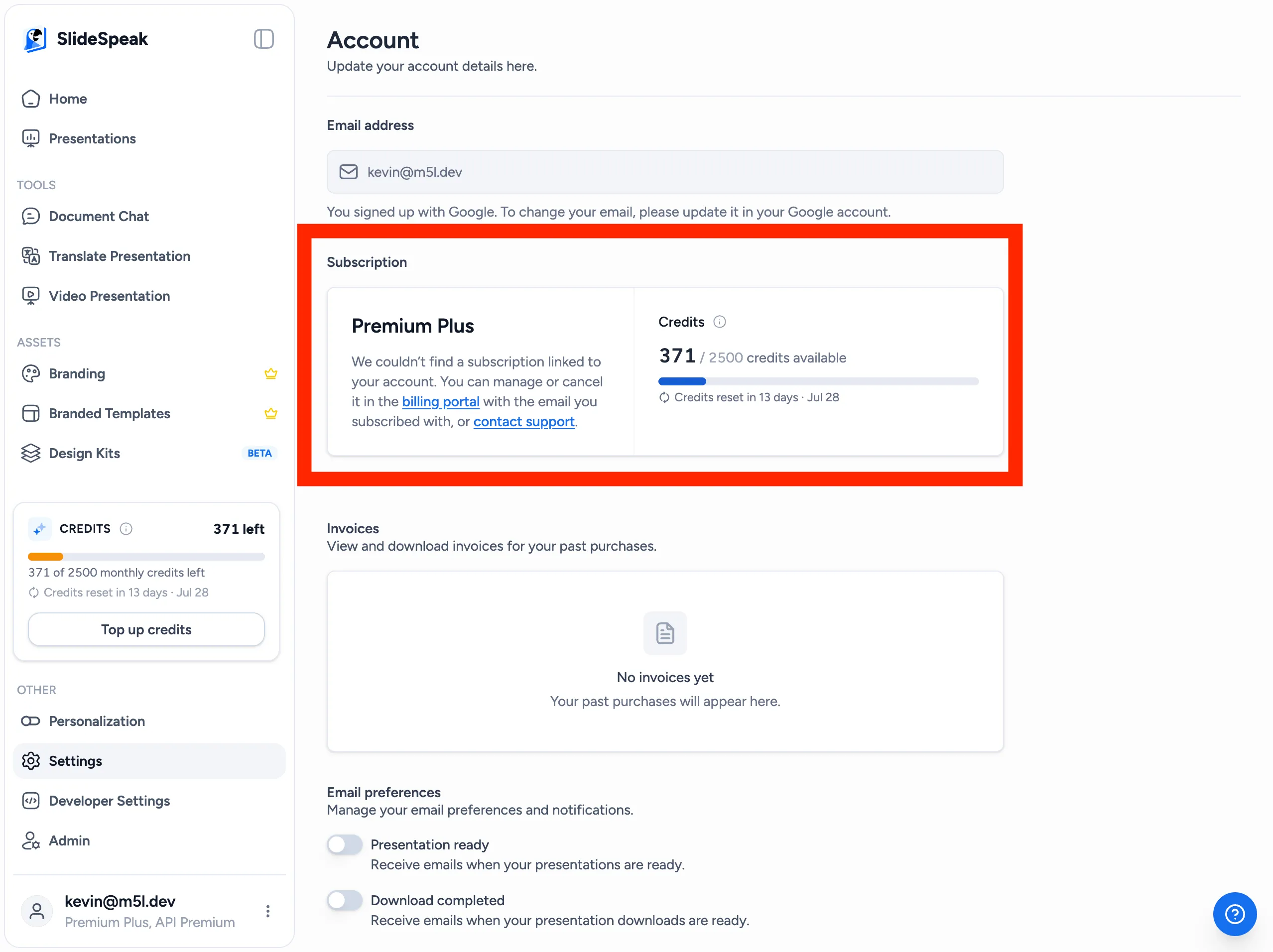 Credit balance in SlideSpeak account settings under Subscription