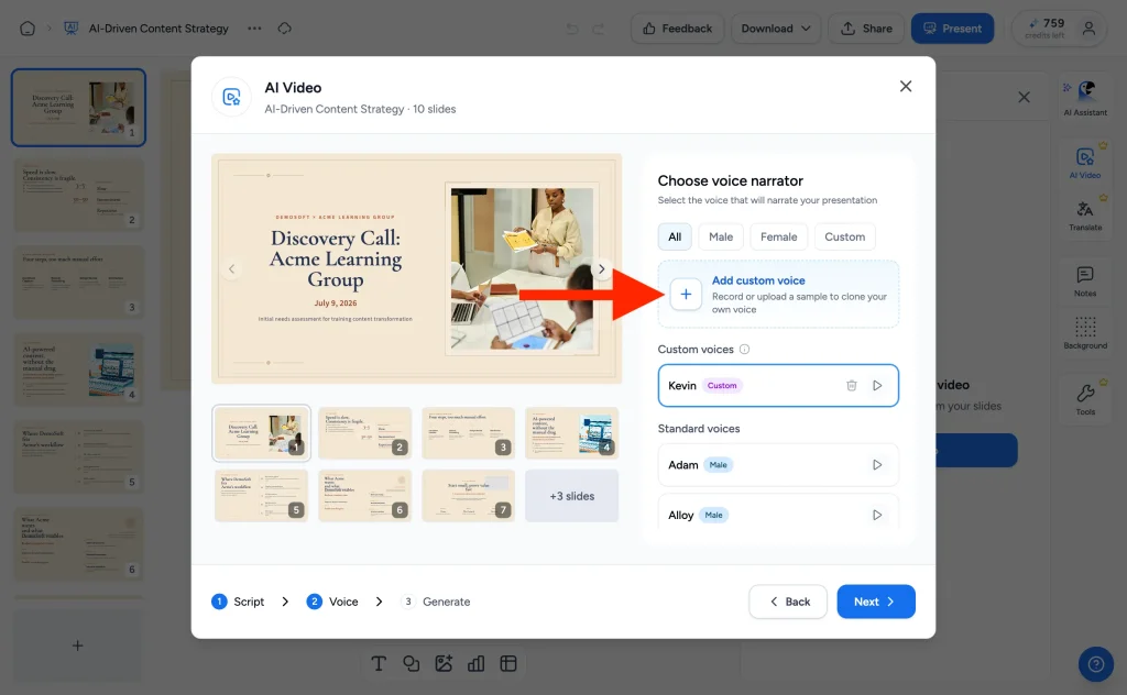 Choose voice narrator step with the Add custom voice option