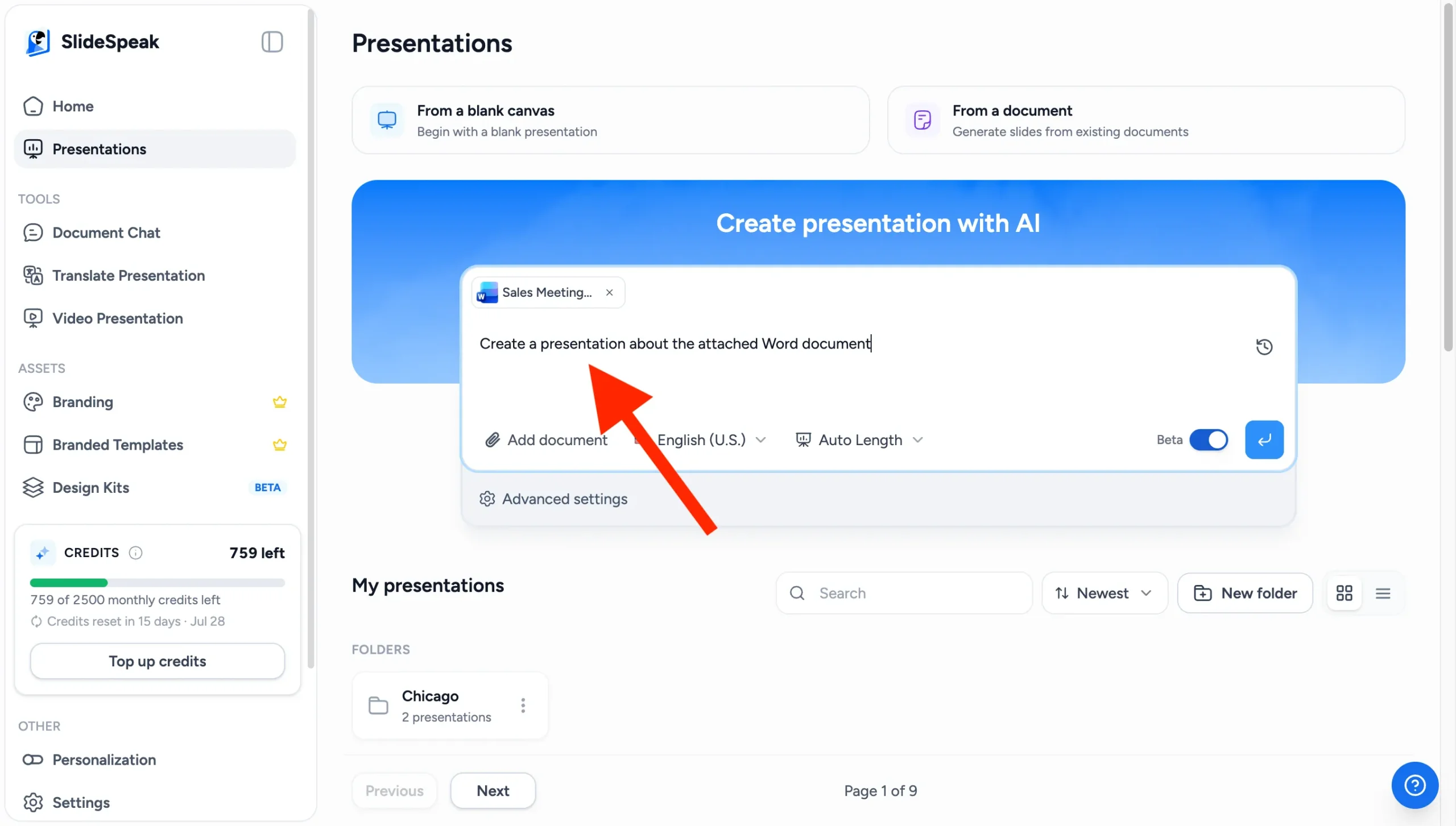 Prompting SlideSpeak to create a presentation from the attached Word document