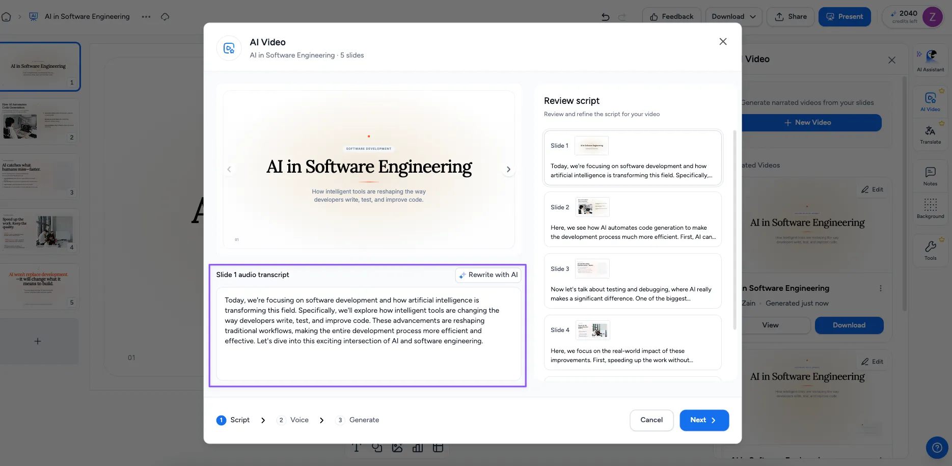 Generating the voiceover narration for an AI video presentation in SlideSpeak